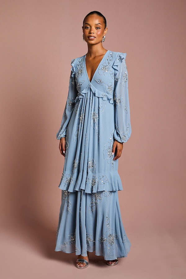 Coast Petite V Neck Long Sleeve Embellished Flower Tiered Georgette Midi Dress Dusty Blue