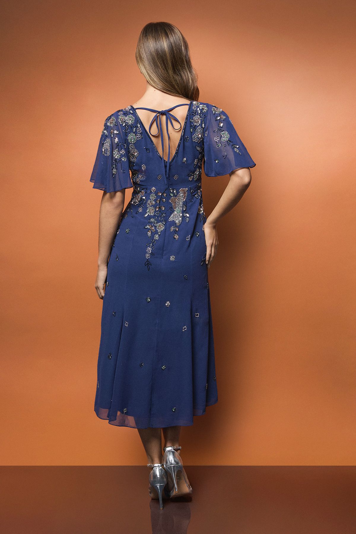 Coast Floral Embellished Flutter Sleeve Midi Dress Blue image 3