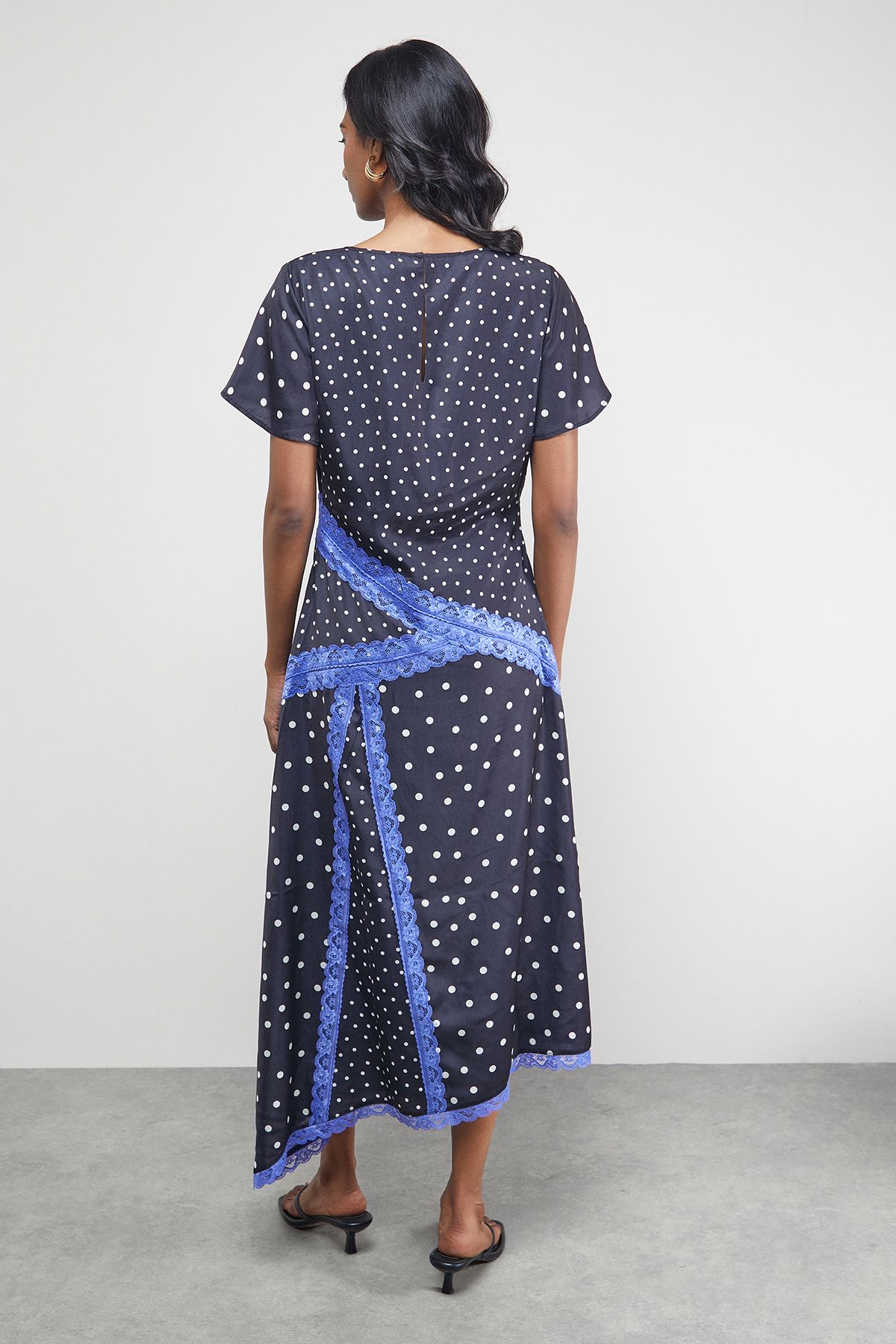 Warehouse Satin Lace Panelled Asymmetric Midi Dress Black image 3