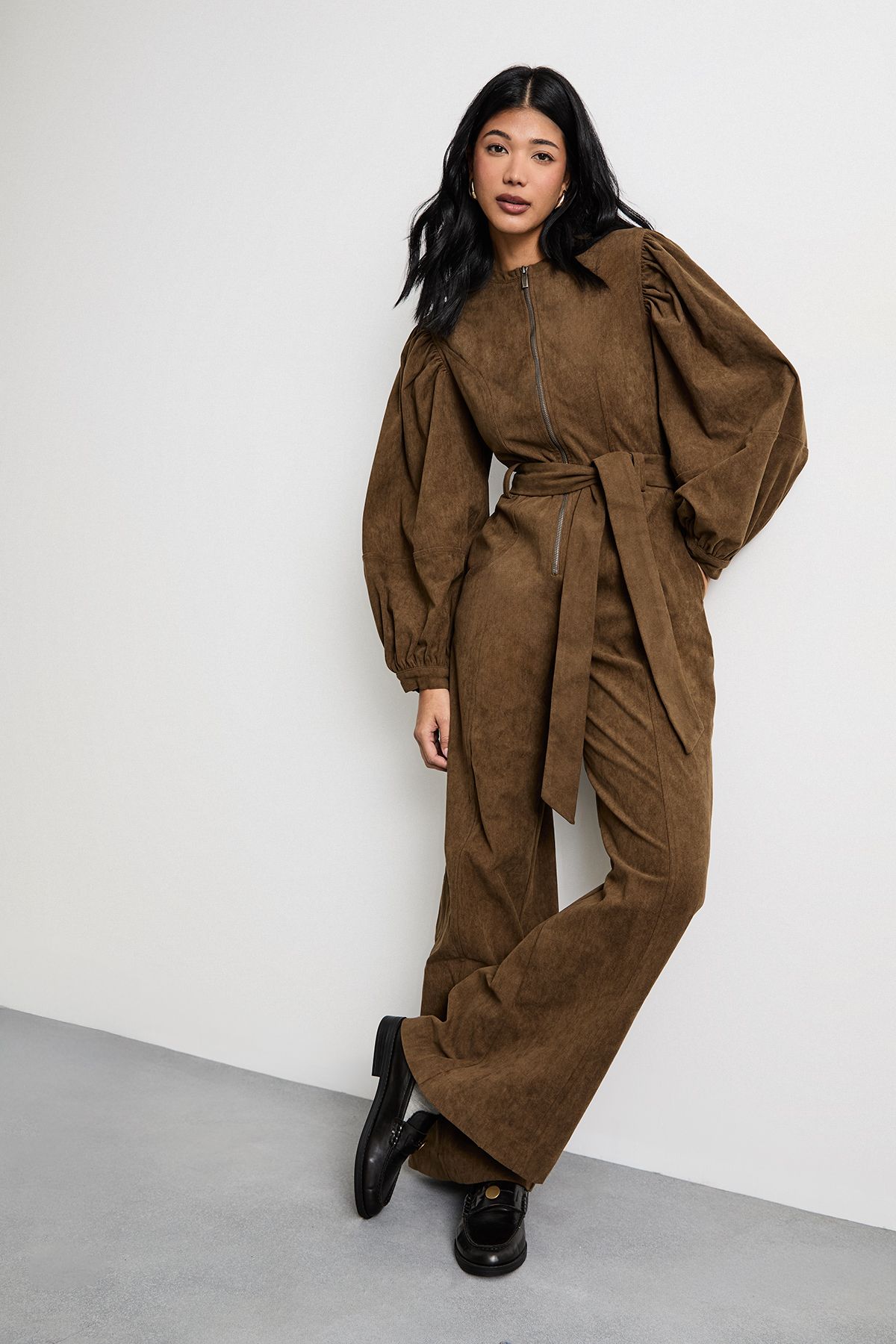 Warehouse Cord Zip Through Belted Jumpsuit Chocolate