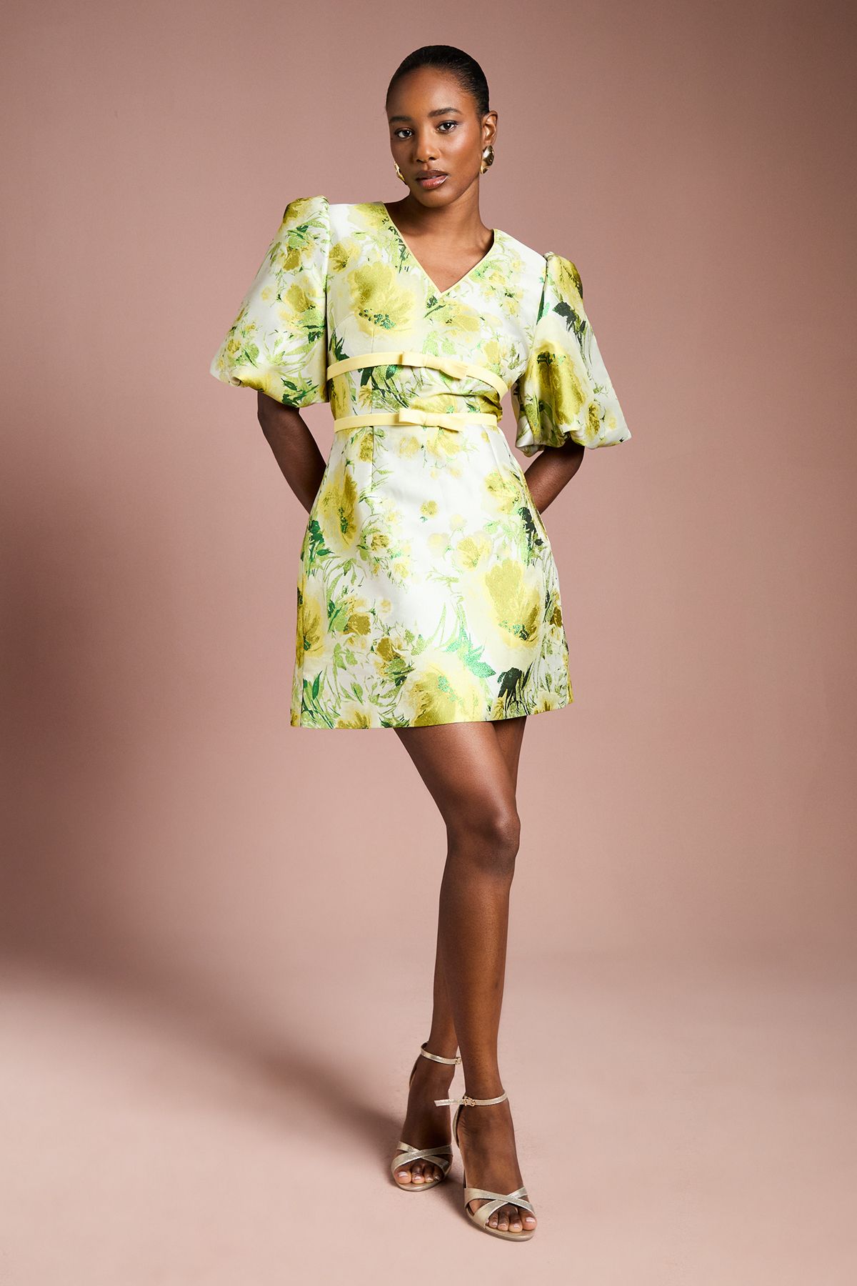 Coast Floral Jacquard Puff Sleeve Mini Dress Yellow image 1