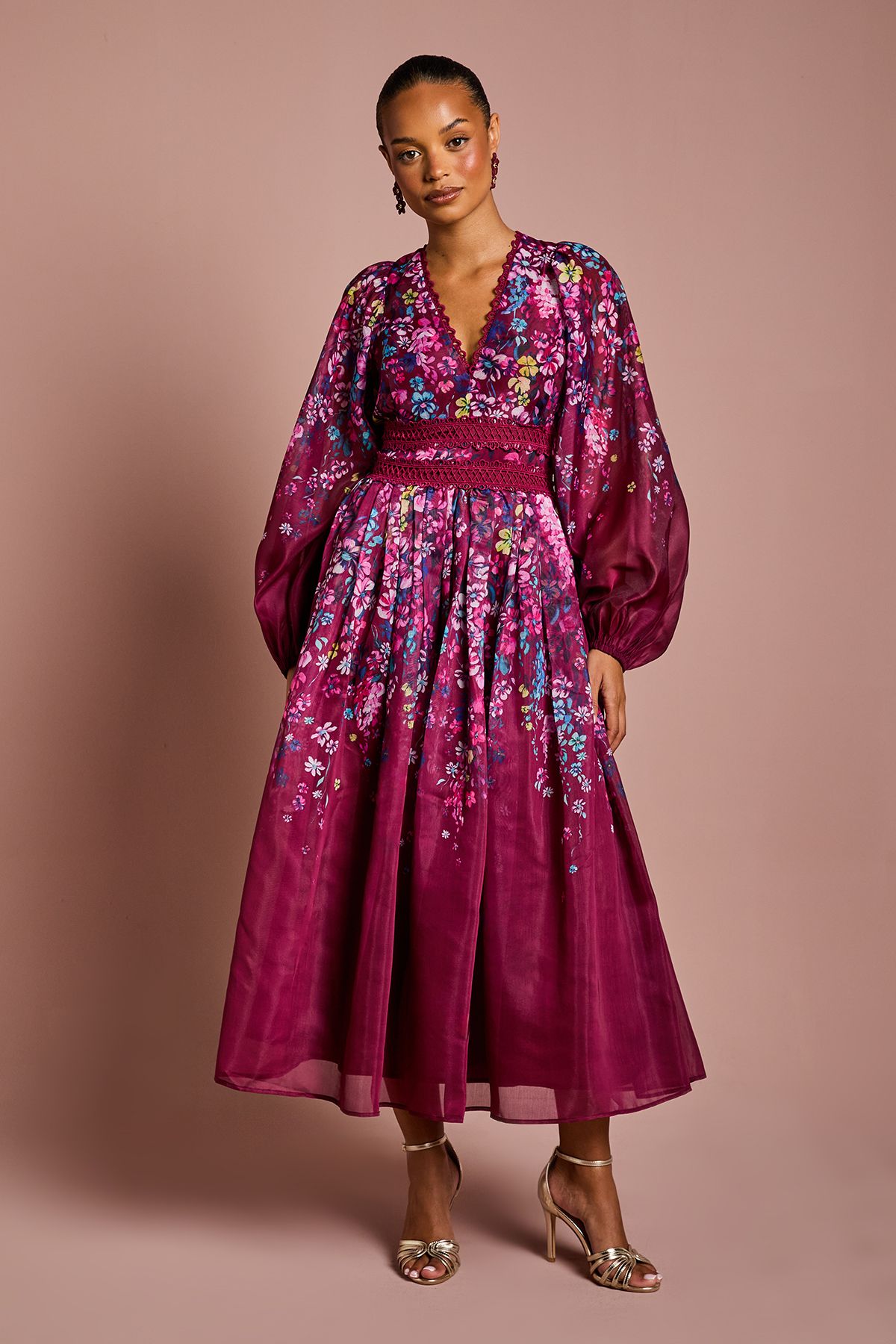 Coast Petite Organza Floral Placement Lace Trim Midaxi Dress Plum image 1