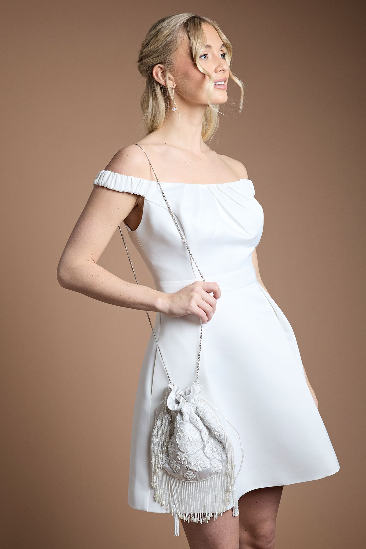 Coast Bridal Blair Embellished Drawstring Grab Bag With Fringe Detail Ivory