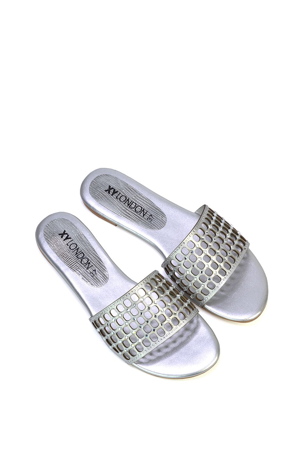 XY London 'Abbie' Mesh Strappy Diamante Slip On Flat Sandals Sliders image 2