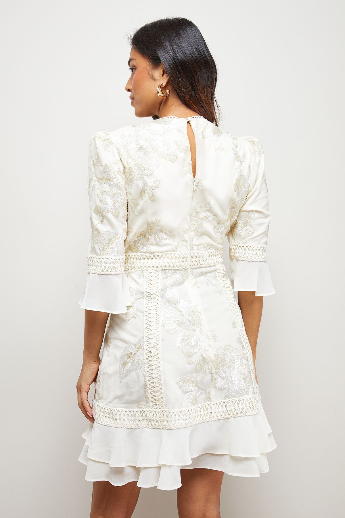 Oasis Petite Chiffon Ruffle Lace Panel Mini Dress Champagne image 3