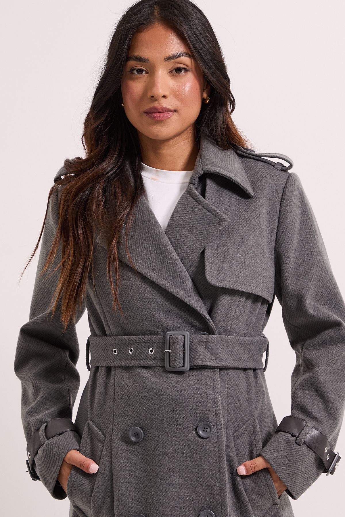Dorothy Perkins Petite Cuff Detail Buttoned Longline Coat Grey image 2