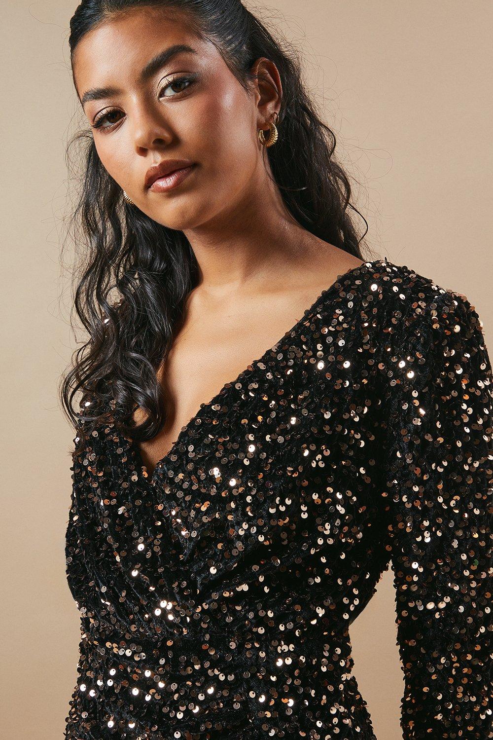 Oasis Petite Occasion Sequin Wrap Mini Dress Black image 2