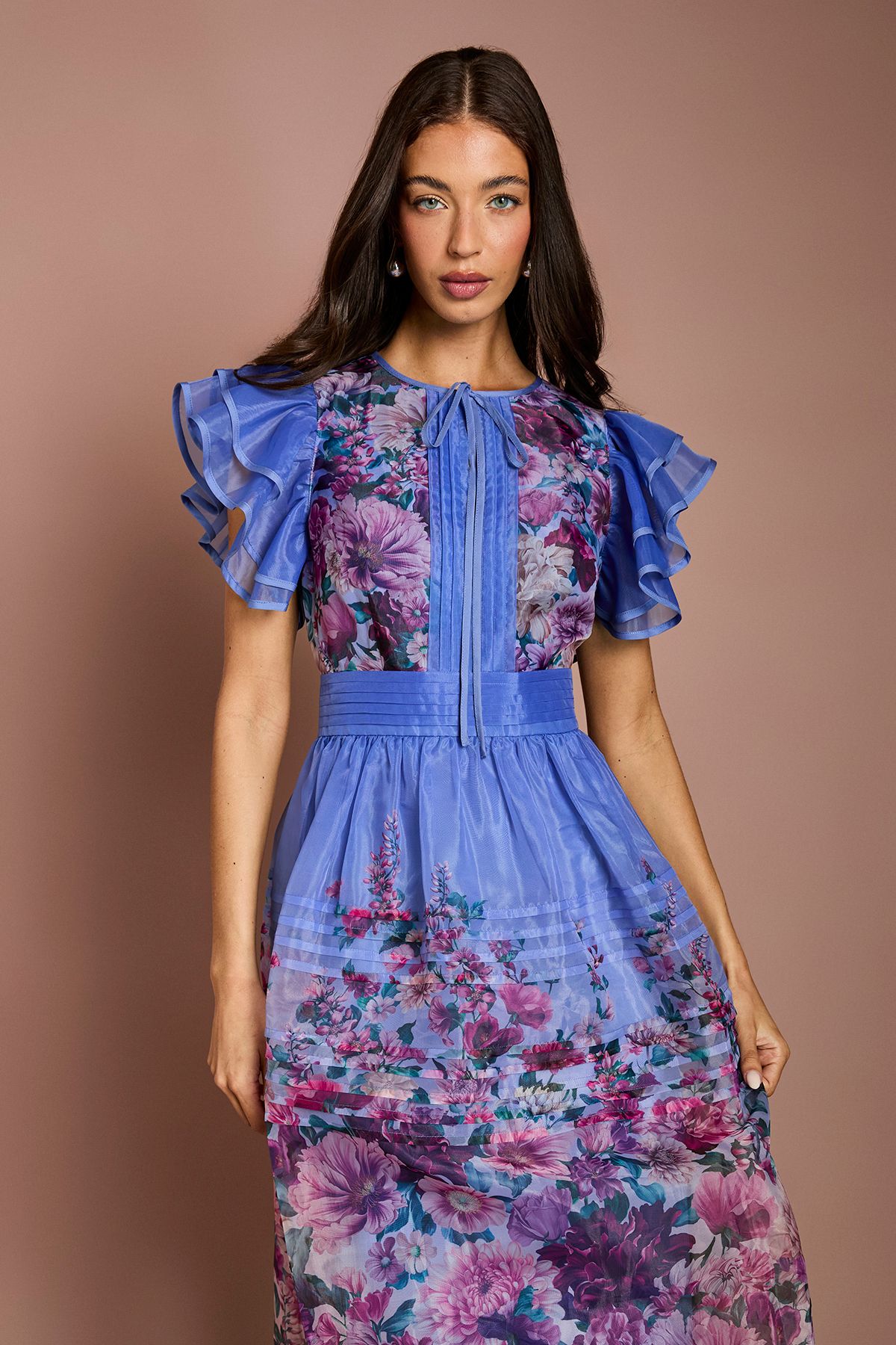 Coast Lisa Tan Organza Ruffle Printed Midi Dress Blue image 2