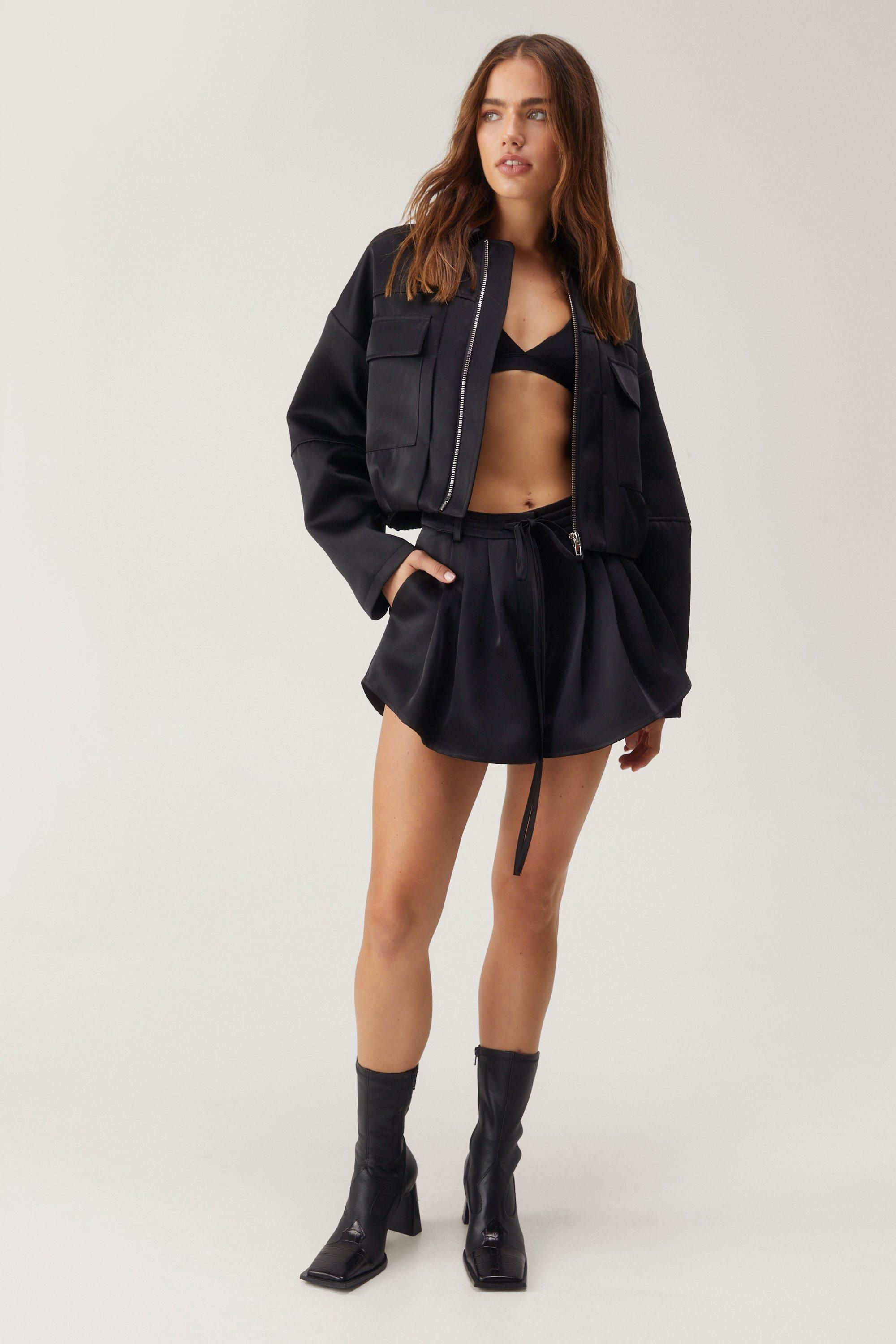 NastyGal Premium Satin Tailored Structured Sleeve Cropped Bomber Jacket Black image 3