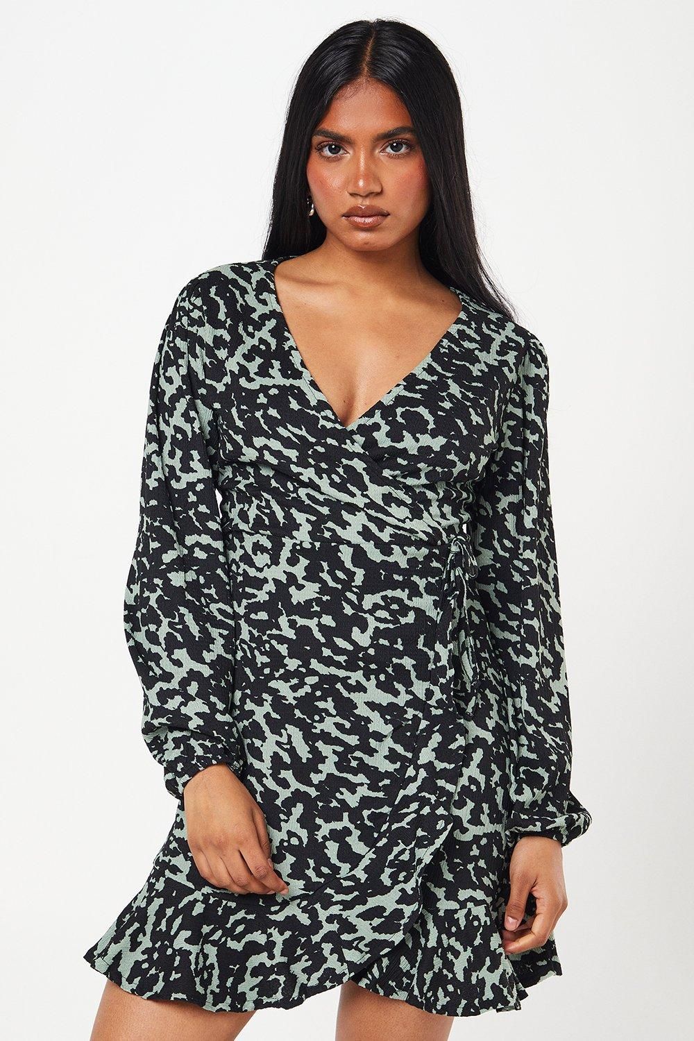 Dorothy Perkins Petite Khaki Animal Wrap Mini Dress Khaki image 1