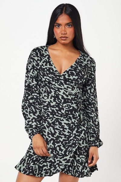 Dorothy Perkins Petite Khaki Animal Wrap Mini Dress Khaki