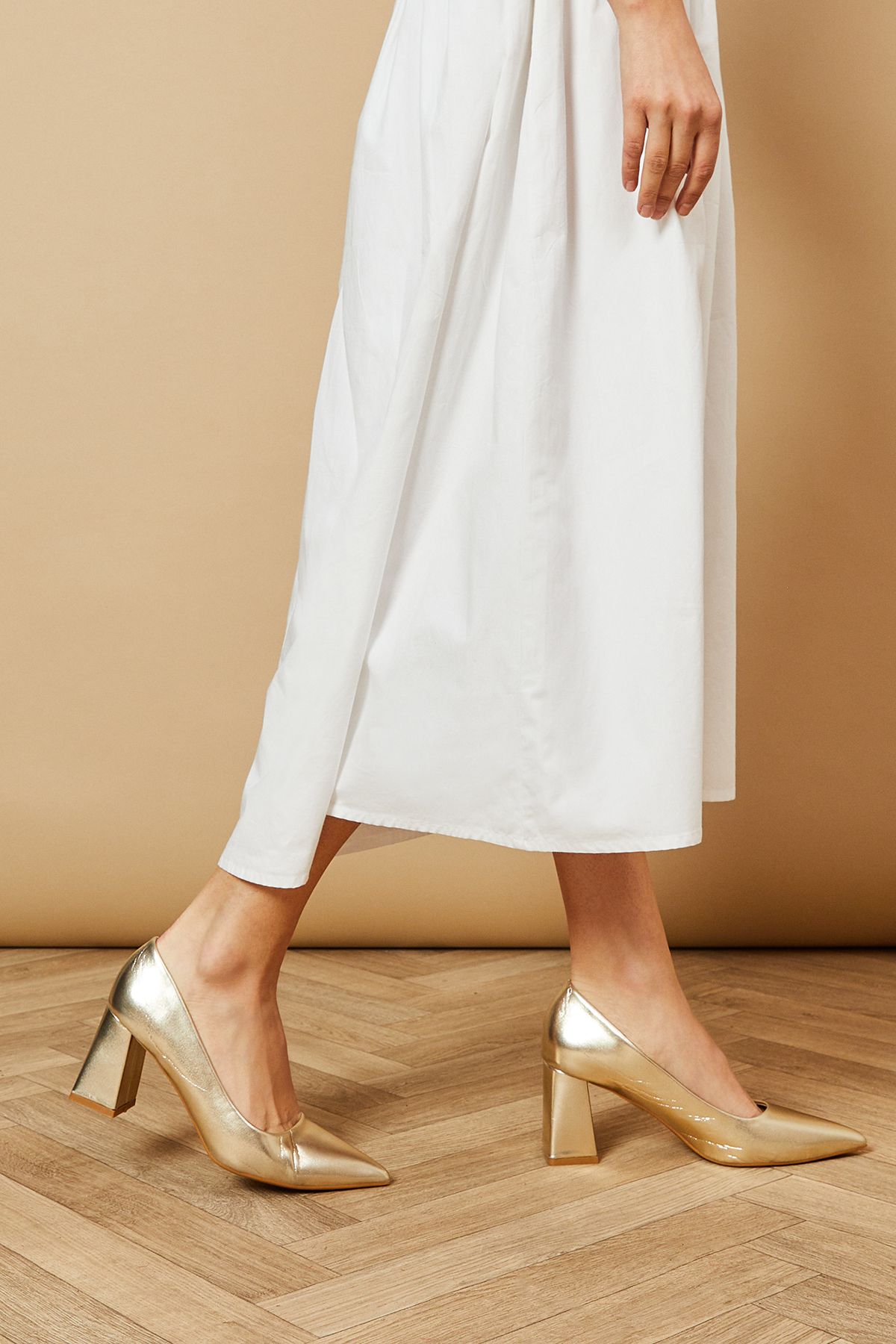 Oasis Val Faux Leather Pointed Block Heel Court Shoes Gold image 3