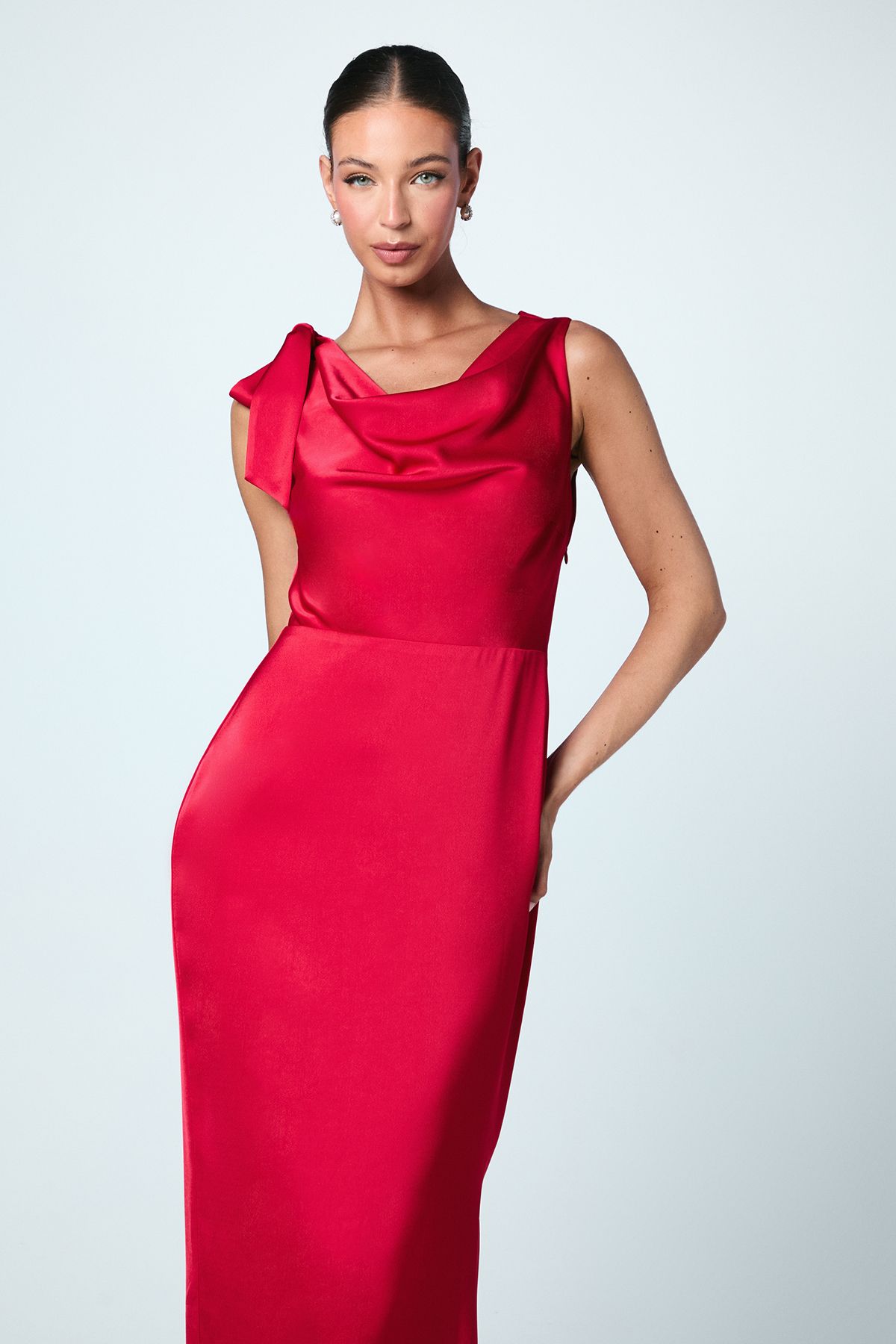 Coast Cowl Detail Tie Shoulder Column Satin Maxi Bridesmaid Dress Red image 2