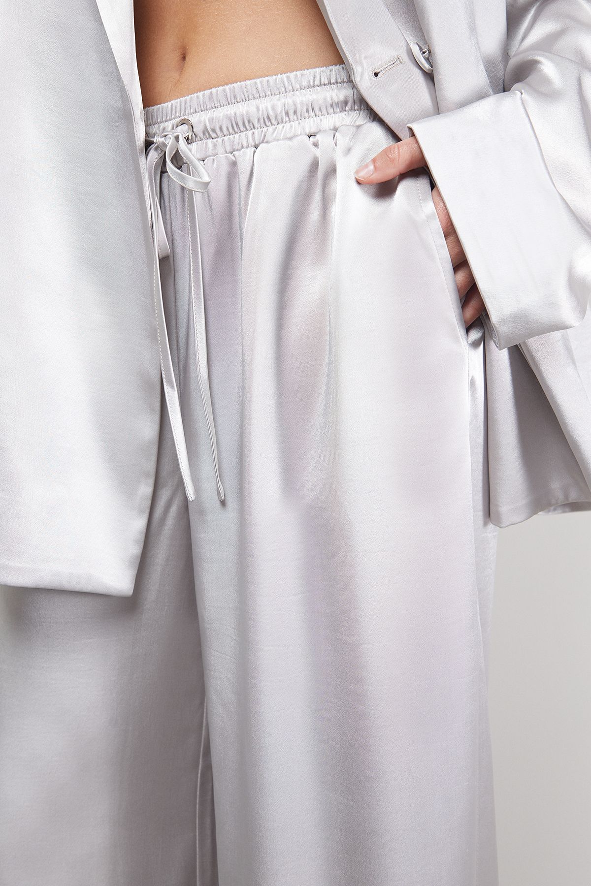Warehouse High Shine Satin Drawstring Trousers Co-ord Silver image 4
