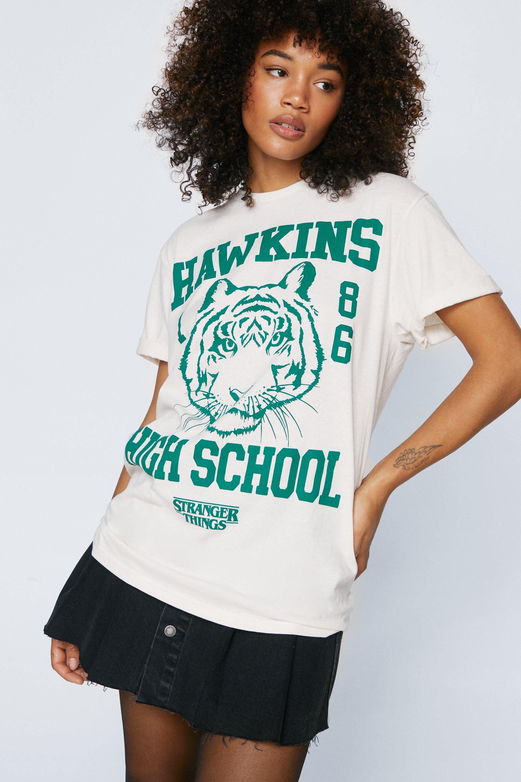 NastyGal Stranger Things Hawkins High Oversized T-shirt Ecru image 3