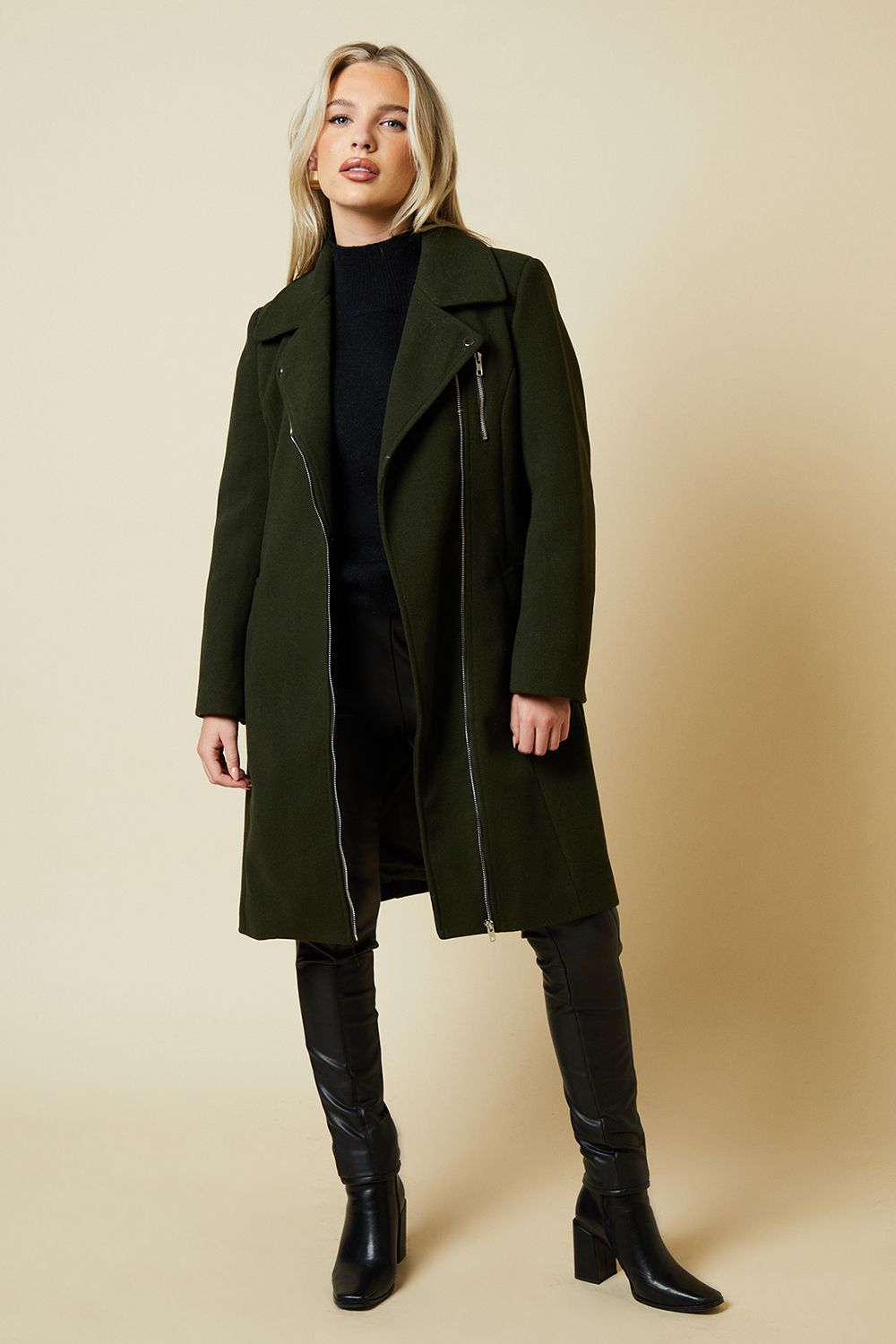 Dorothy Perkins Petite Zip Through Belted Wrap Coat Forest image 1