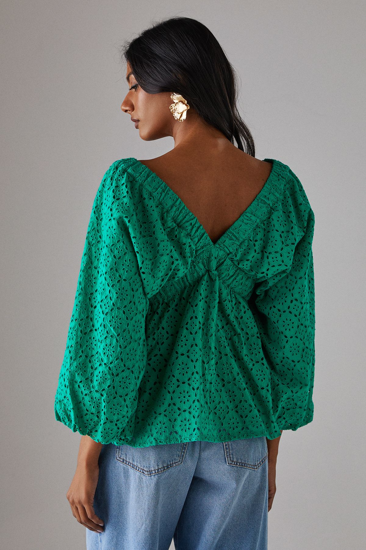 Warehouse Blouson Broderie Top With Grown On Sleeve Bright Green image 3