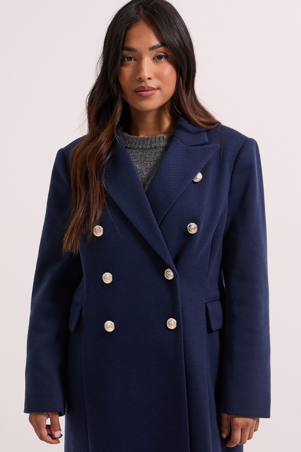 Dorothy Perkins Petite Midi Length Fitted Military Coat Navy image 3