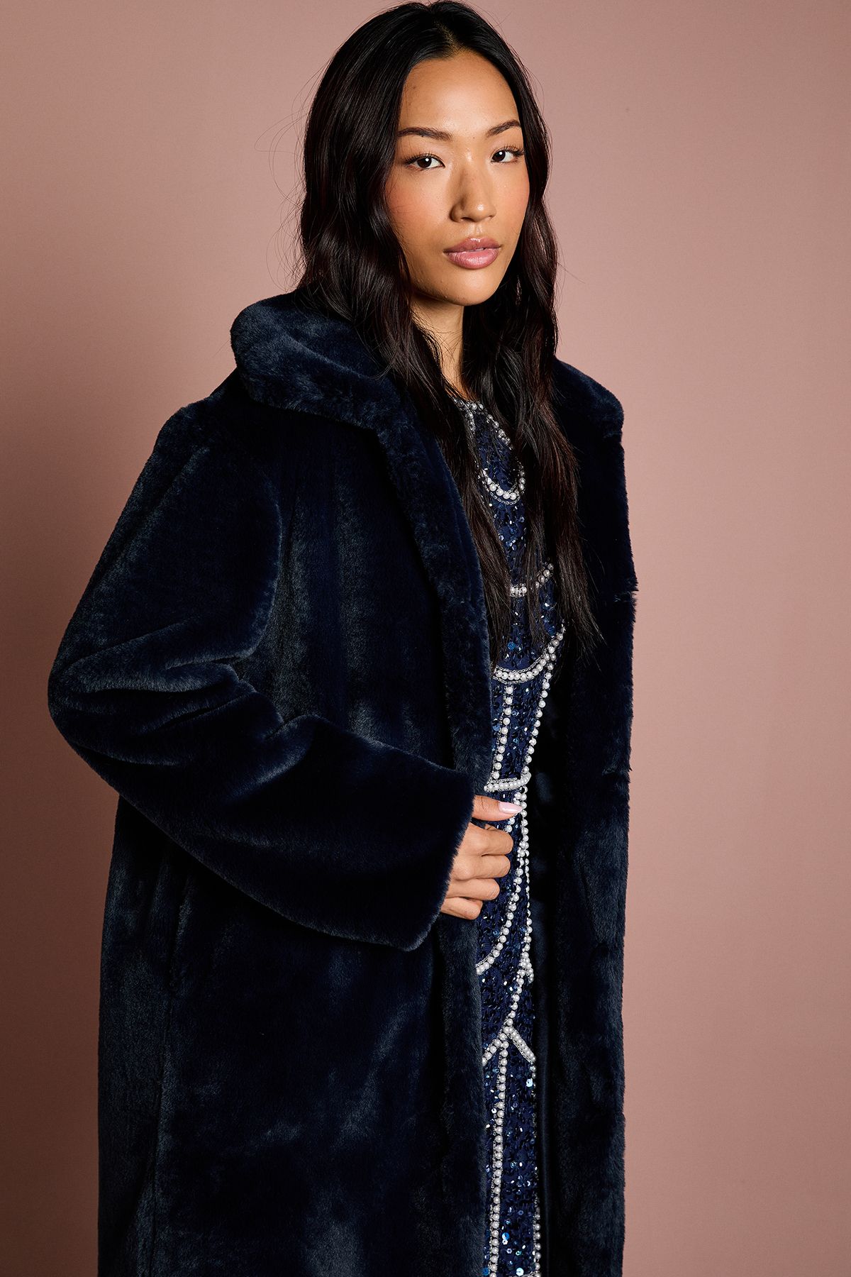 Coast Navy Faux Fur Longline Collared Coat Navy image 4