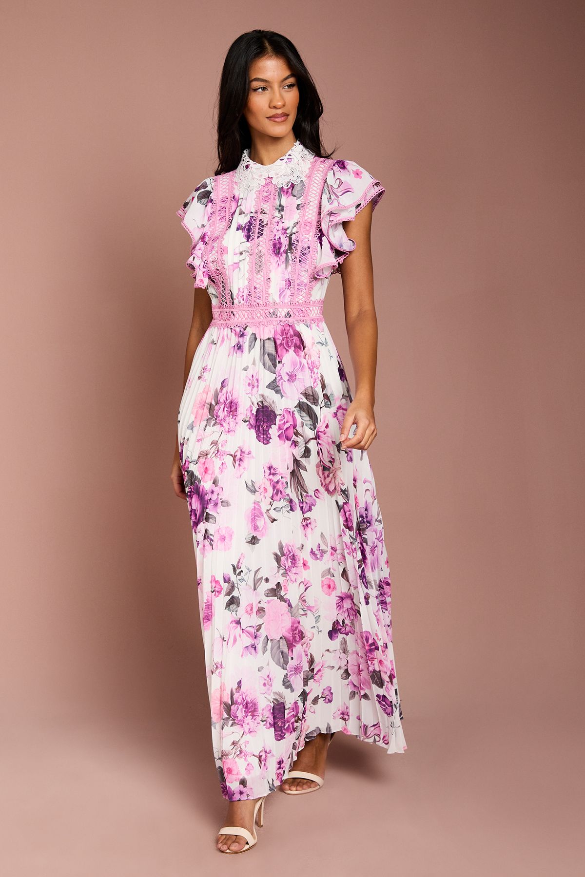 Coast Petite Frill Sleeve Contrast Collar Pleat Skirt Maxi Dress Ivory image 1