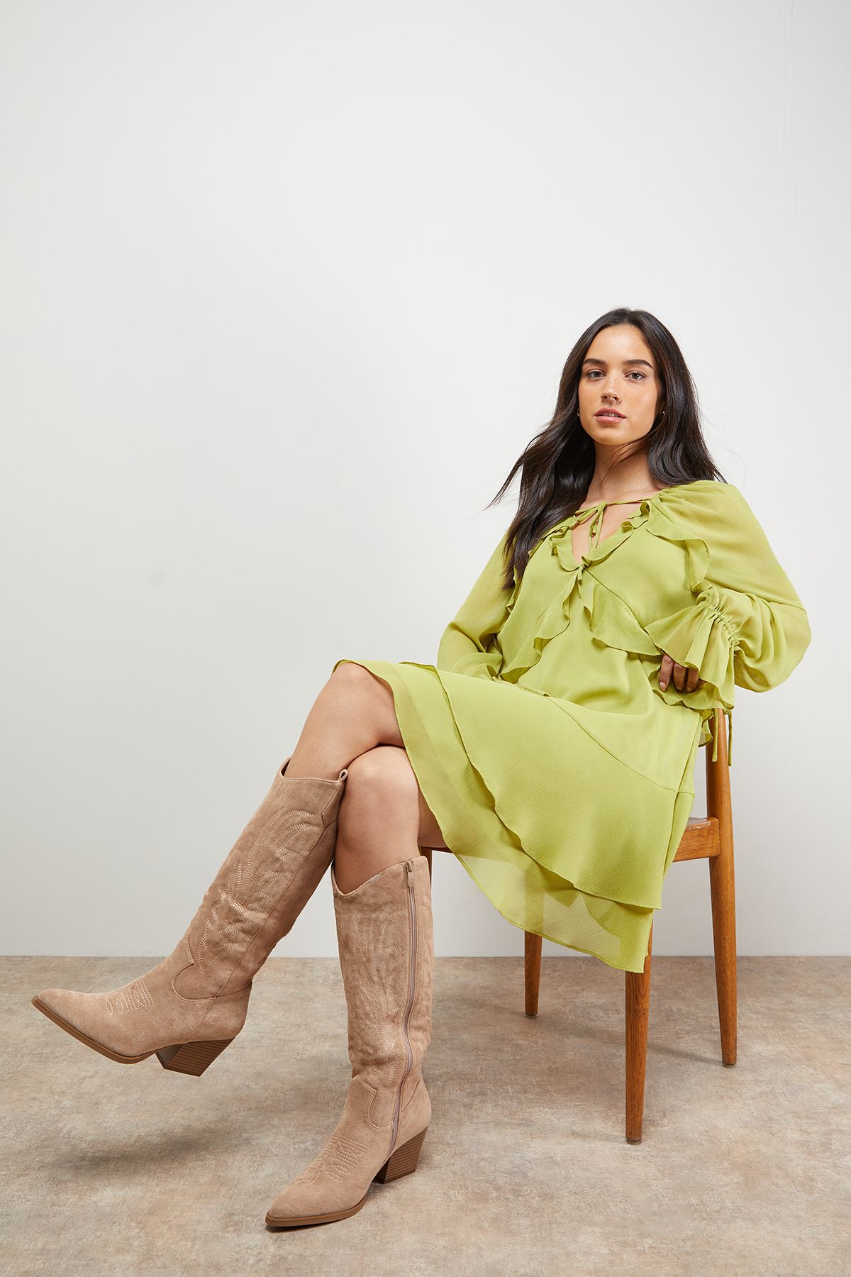 Oasis Tammi Faux Suede Western Knee-High Cowboy Boots Taupe