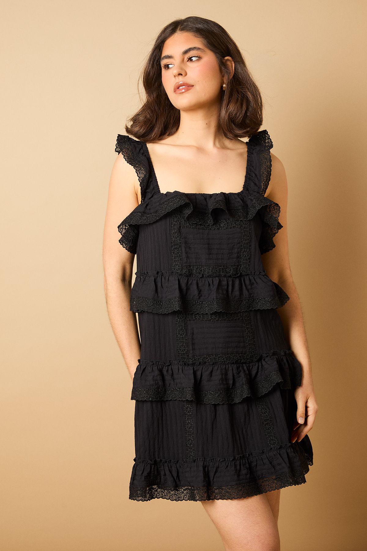 Oasis Broderie Tiered Detail Strappy Mini Dress Black image 2