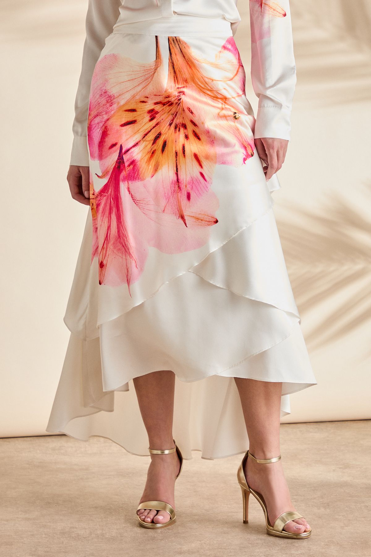 Coast Printed Satin High Low Hem Midi Skirt Ivory image 2