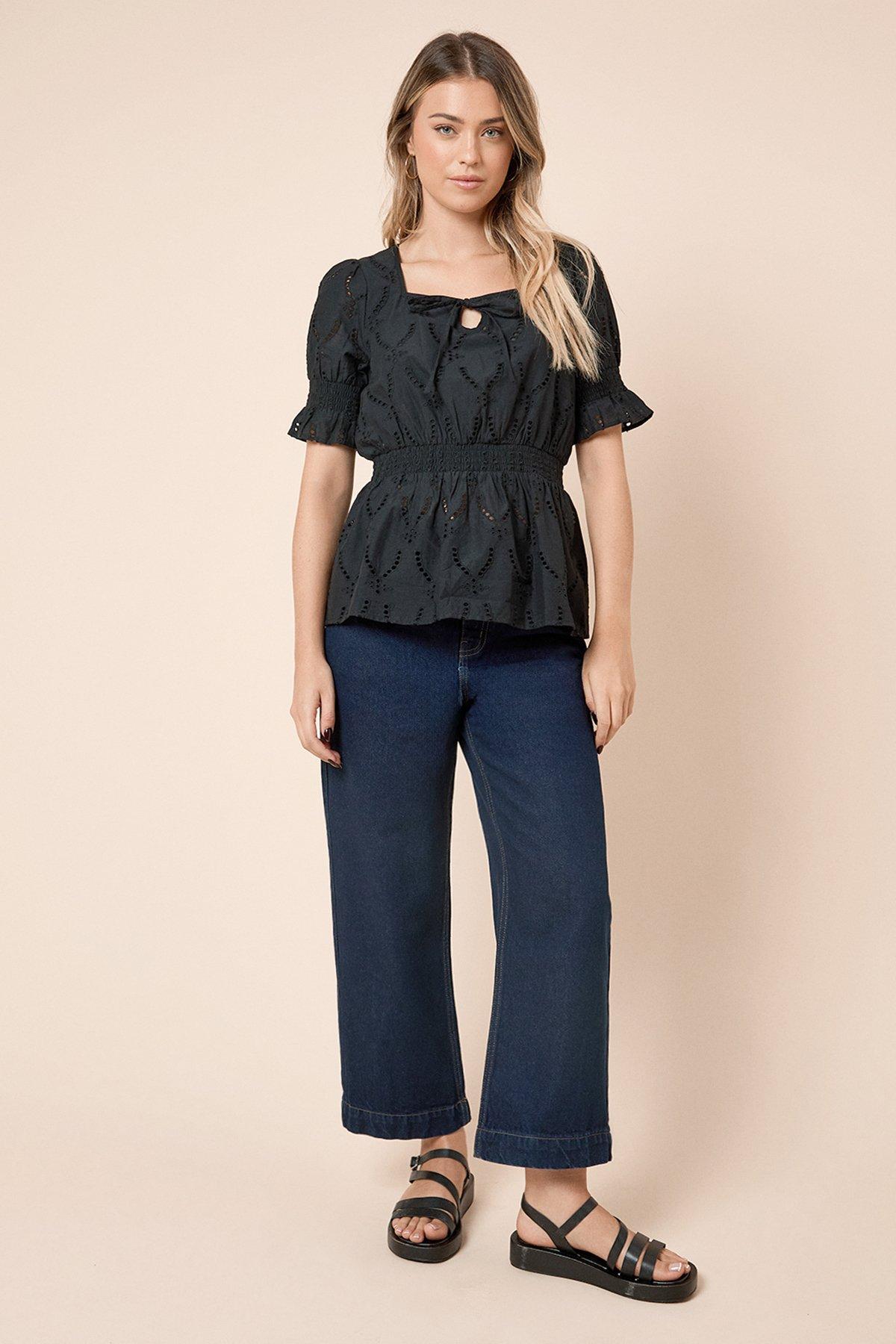 Dorothy Perkins Broderie Shirred Hem Tie Front Top Black image 2