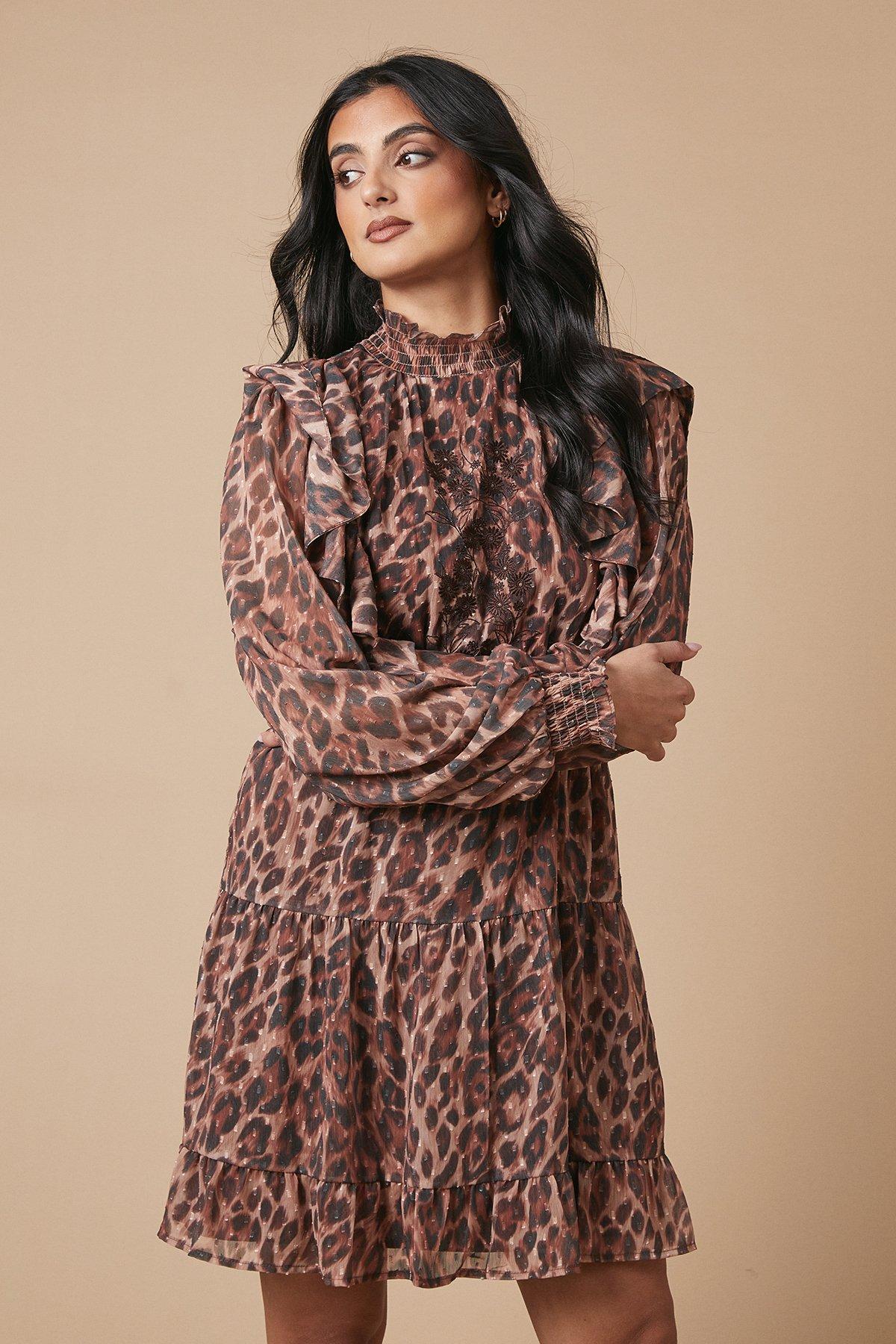 Oasis Animal Print Embroidered Dobby Chiffon Mini Dress Brown