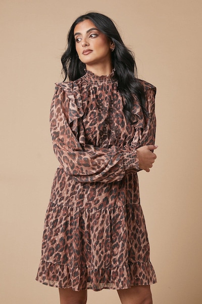 Oasis Animal Print Embroidered Dobby Chiffon Mini Dress Brown