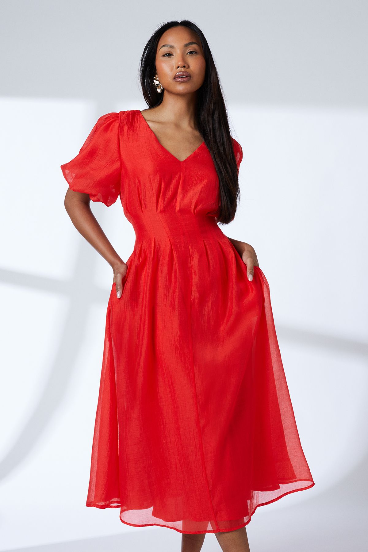 Principles Pleat Detail Puff Sleeve Midi Dress Red image 6