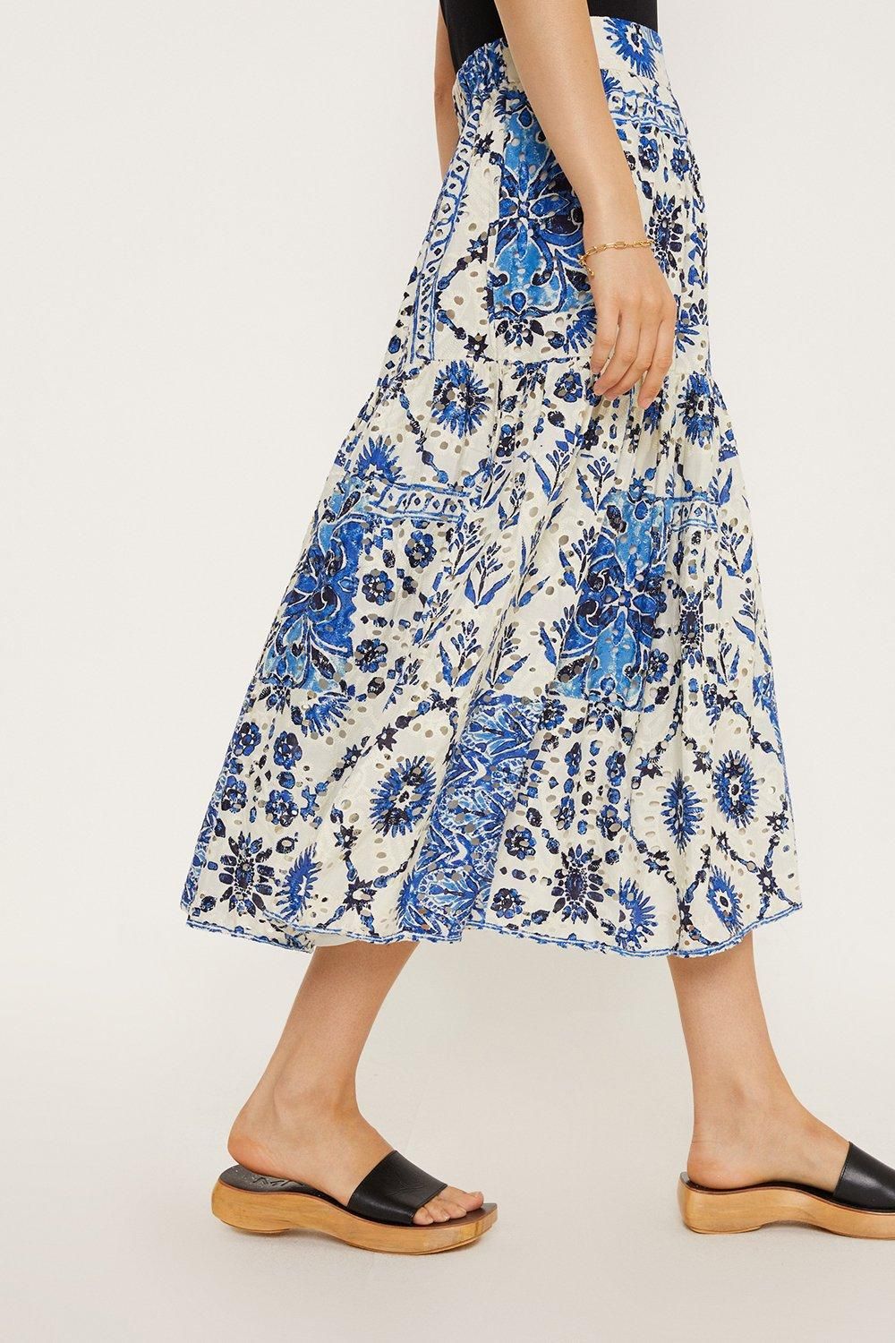 Oasis Blue Printed Broderie Tiered Midi Skirt Blue image 2