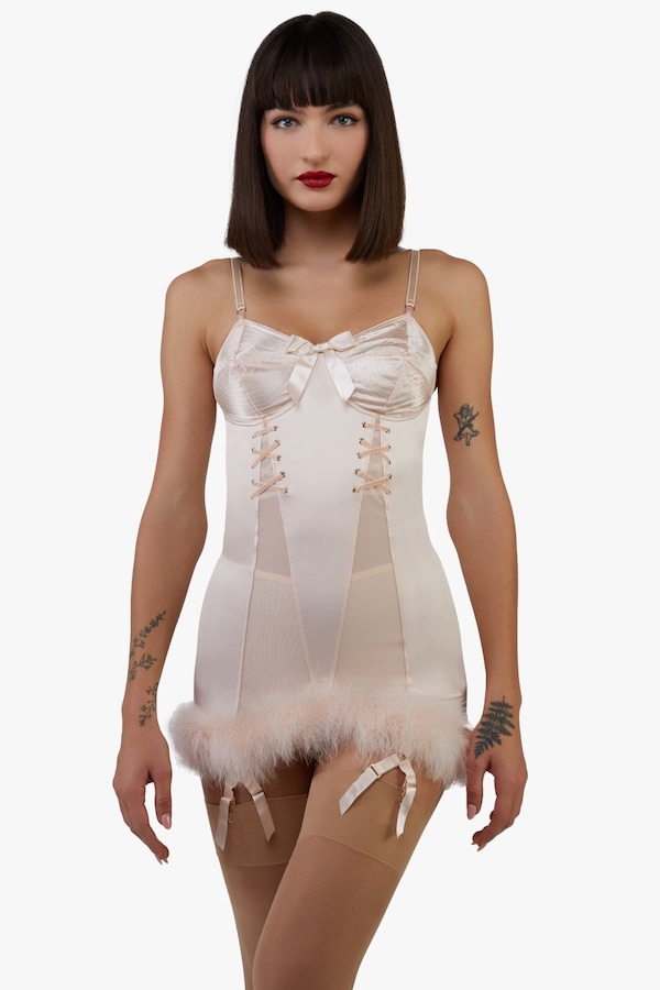 Playful Promises Elsie Peach Spiral Cup Feather Hem Corselette Slip
