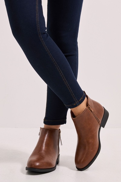 Dorothy Perkins Wide Fit Maddy Side Zip Flat Ankle Boots Dark Tan