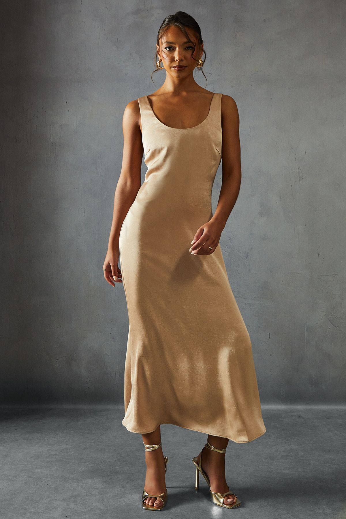 MissPap Crinkle Satin Scoop Neck Midaxi Dress Champagne image 1