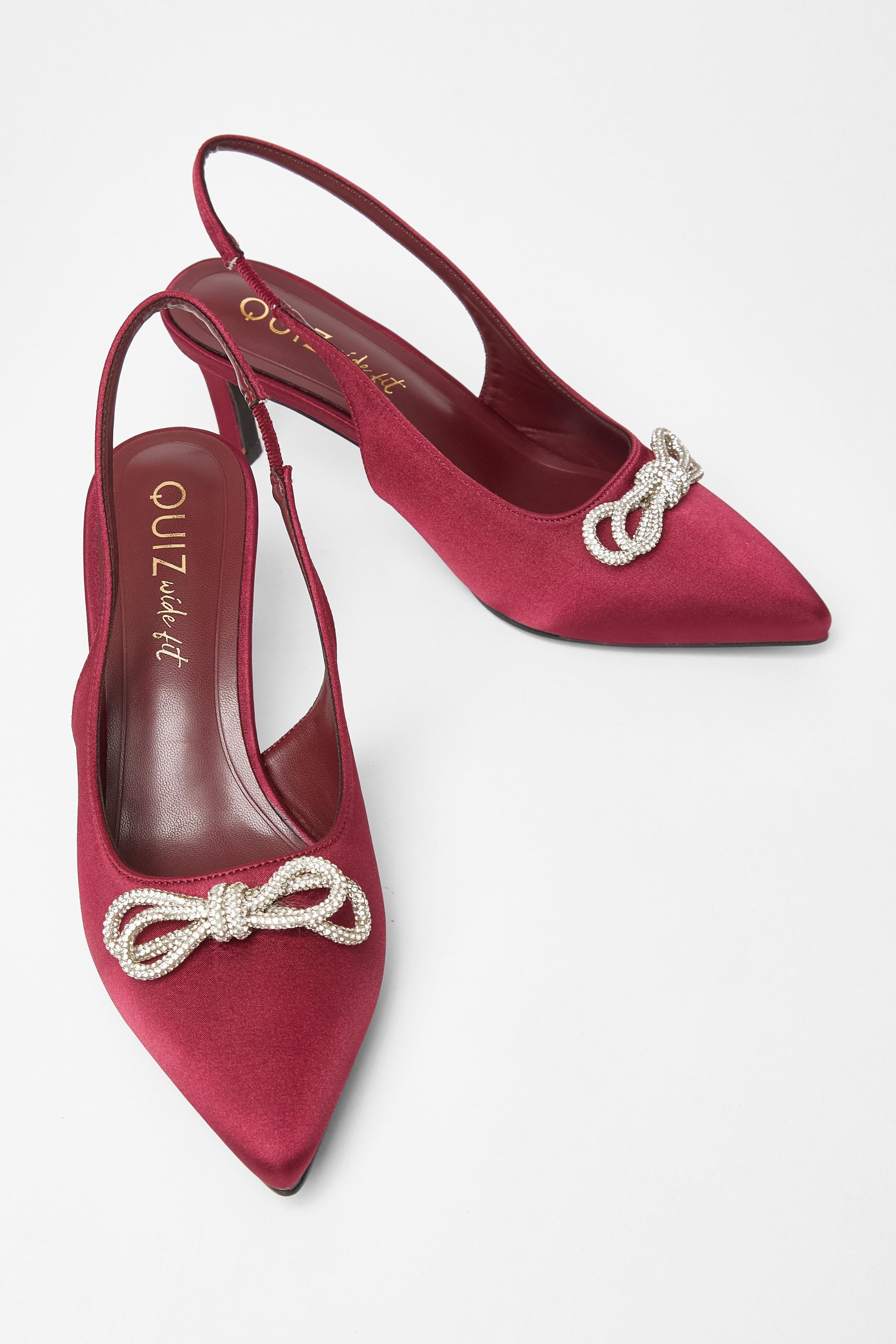 Quiz Burgundy Wide Fit Diamante Bow Court Heels image 2