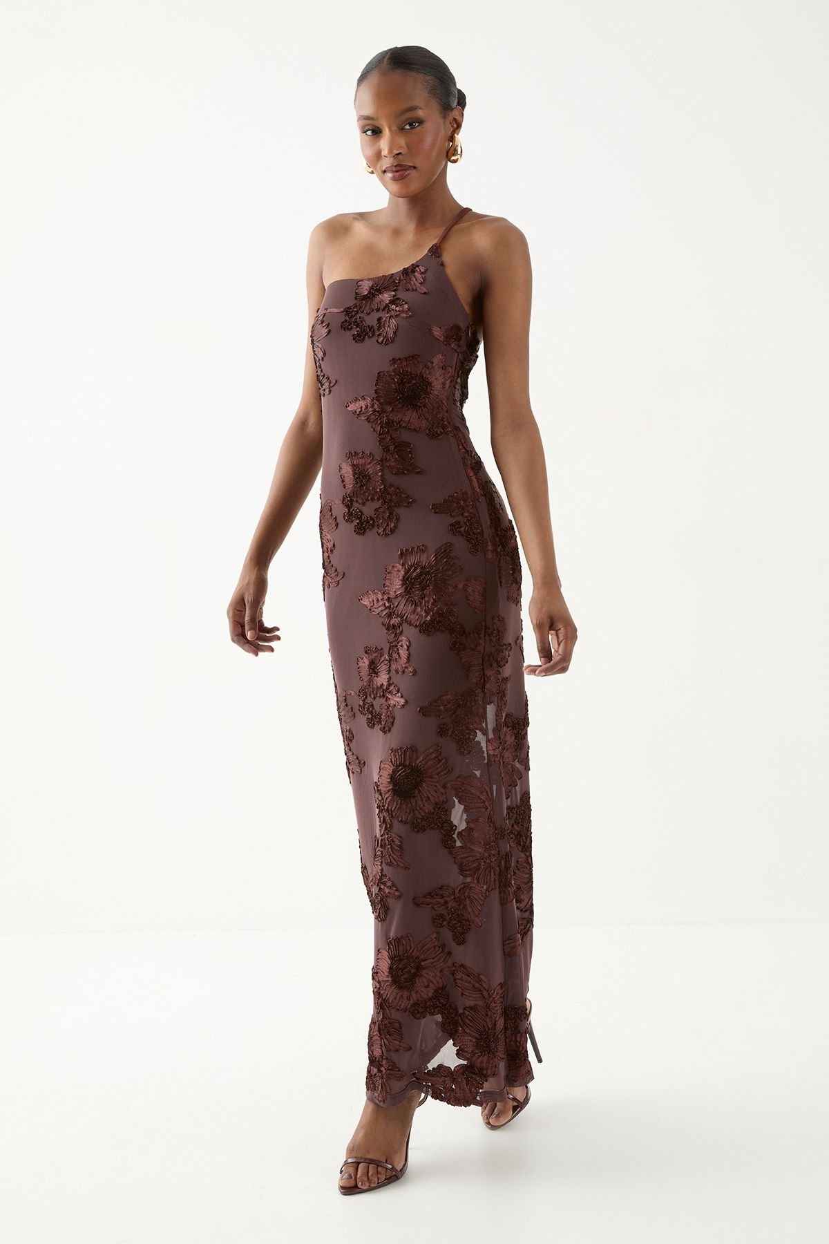 MissPap Asymmetric Neckline Floral Textured Maxi Dress Chocolate image 1