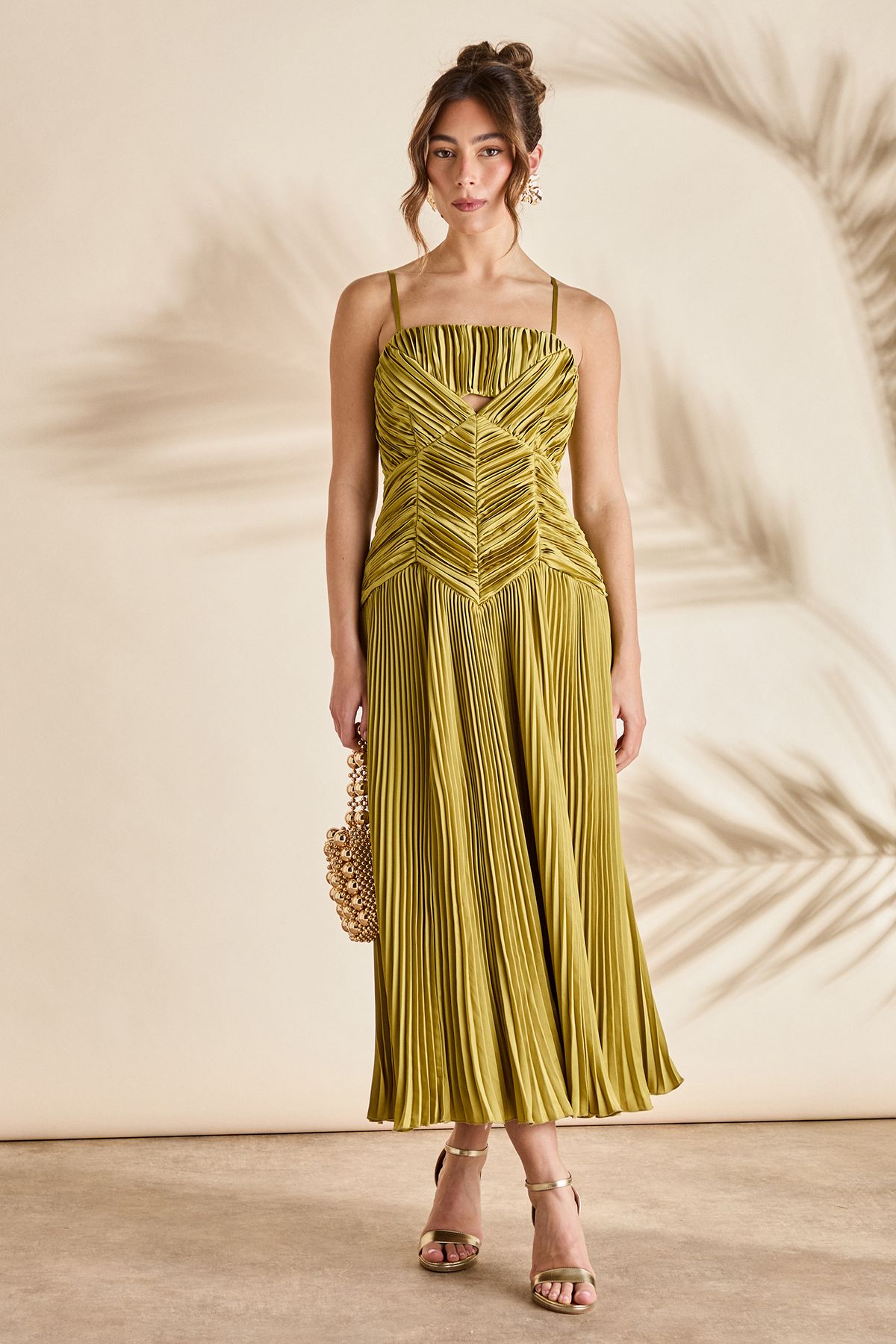 Coast Pleated Peplum Strappy Satin Dress Olive image 3