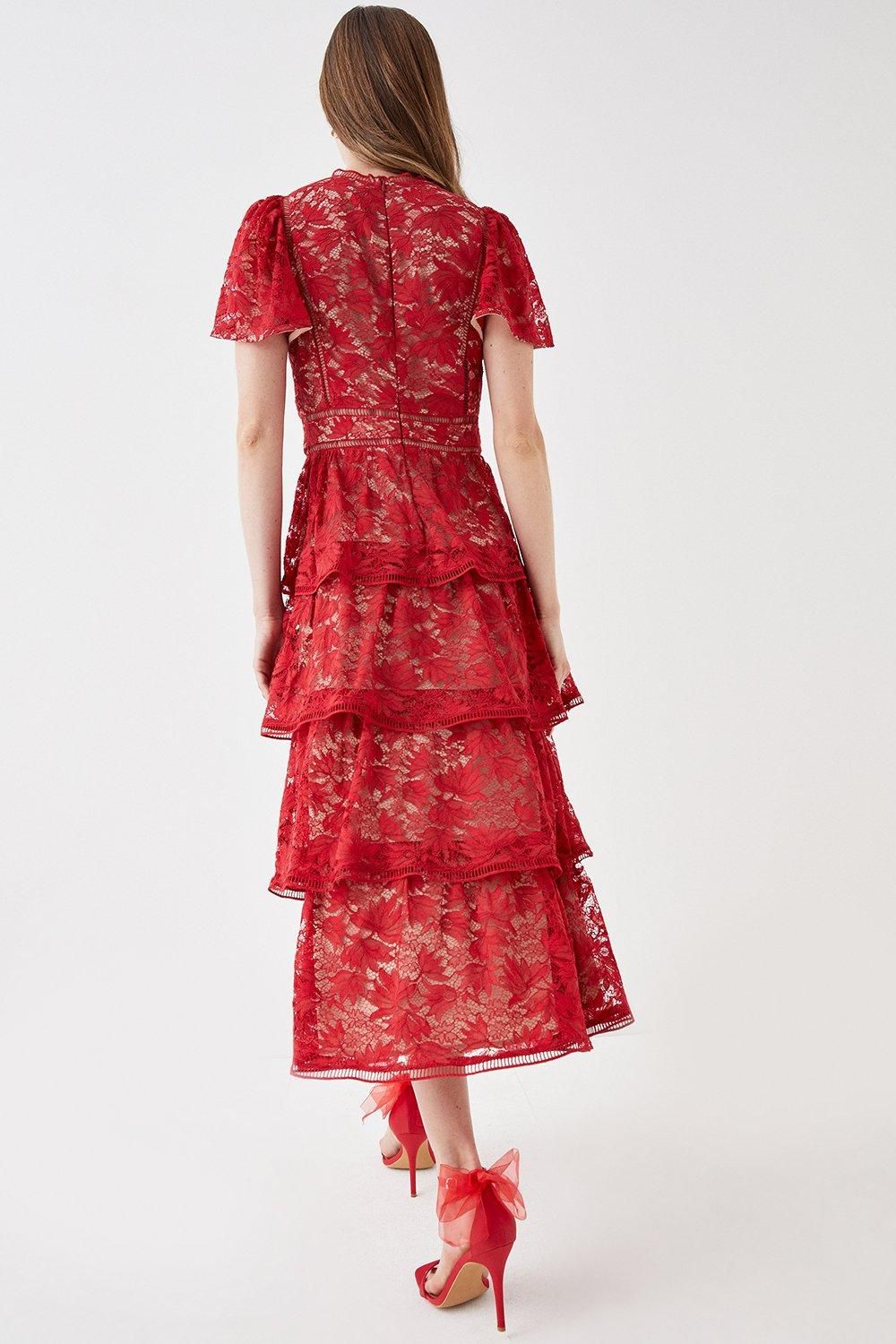Coast Tiered Lace Dress With Flutter Sleeve & Trims Red image 3