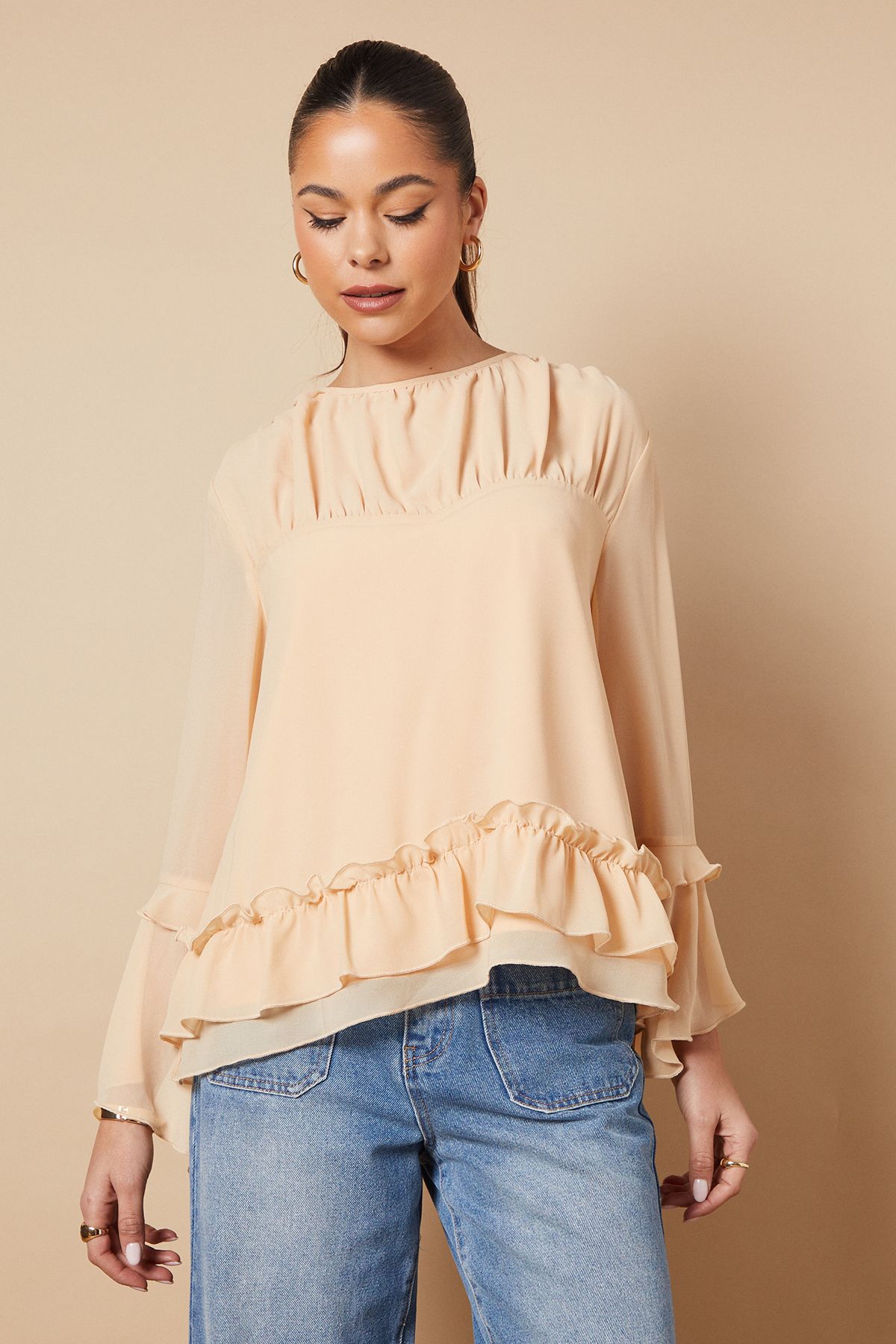 Oasis Ruched Waist 3/4 Sleeve Blouse Apricot image 1