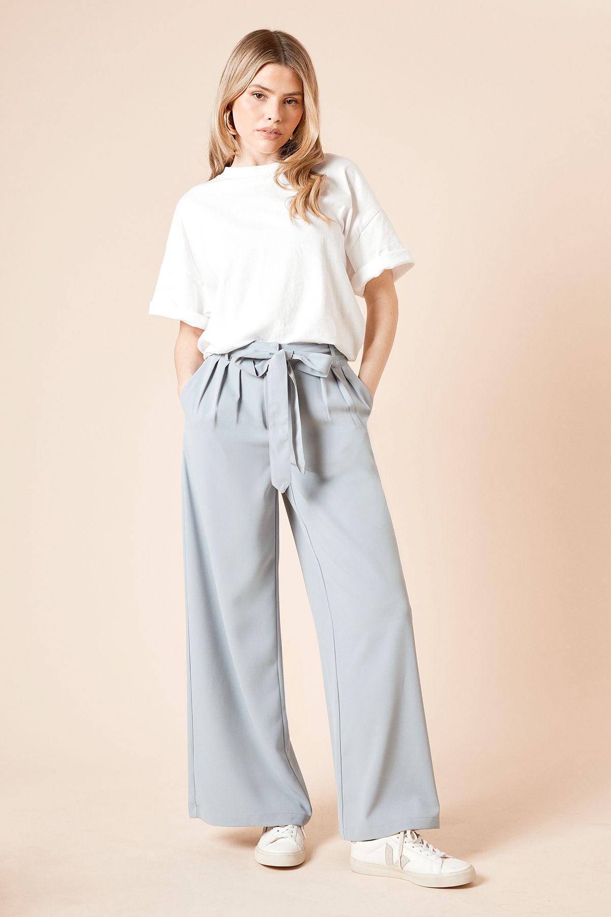 Dorothy Perkins Pleated Belted Wide Leg Trouser Washed Blue image 1