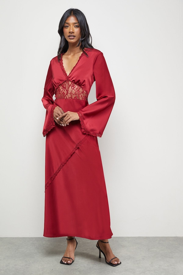 Warehouse Satin Lace Insert Flute Sleeve Midi Dress Dark Red