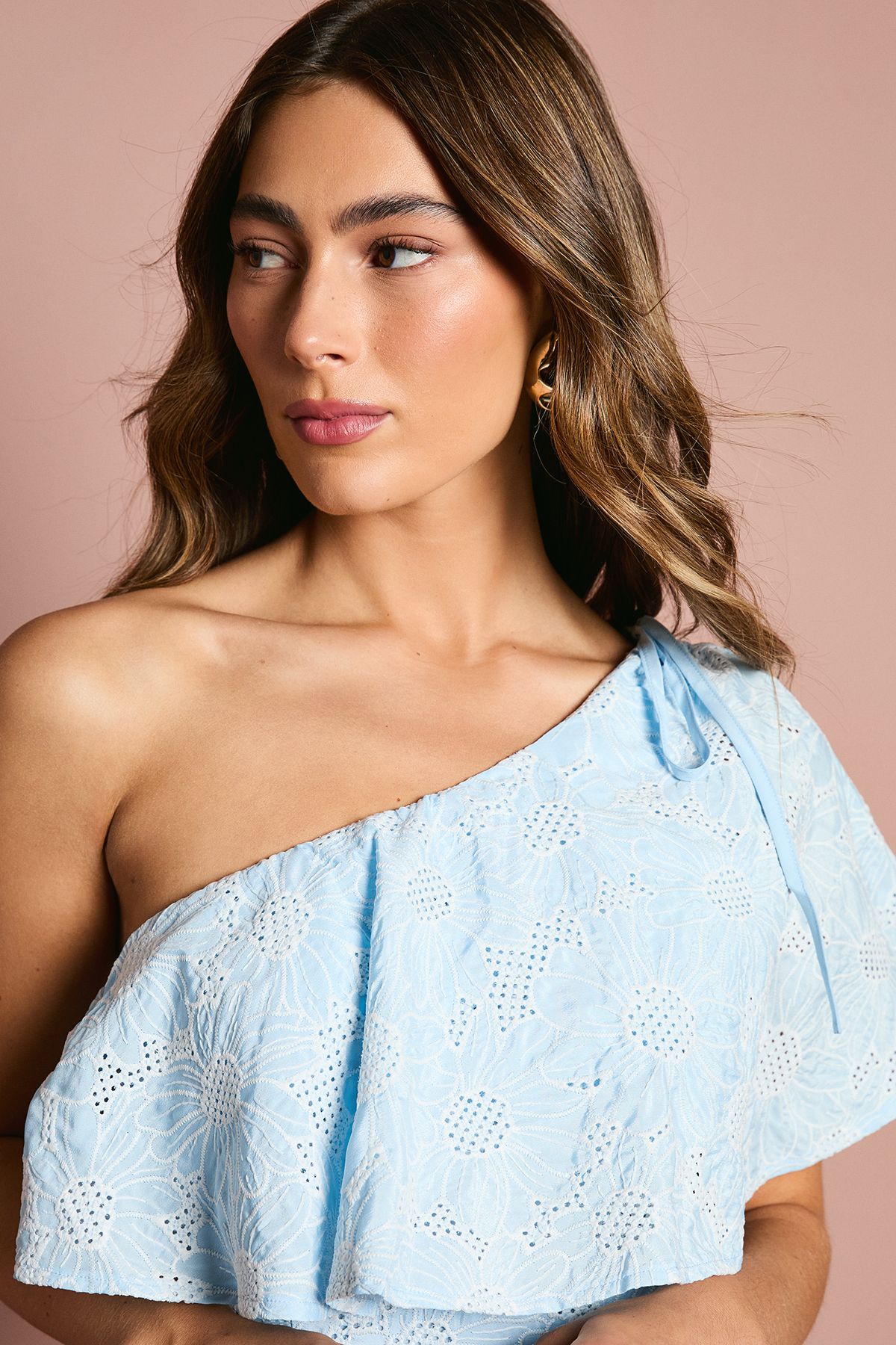 Coast One Shoulder Tiered Broderie Midi Dress Light Blue image 4