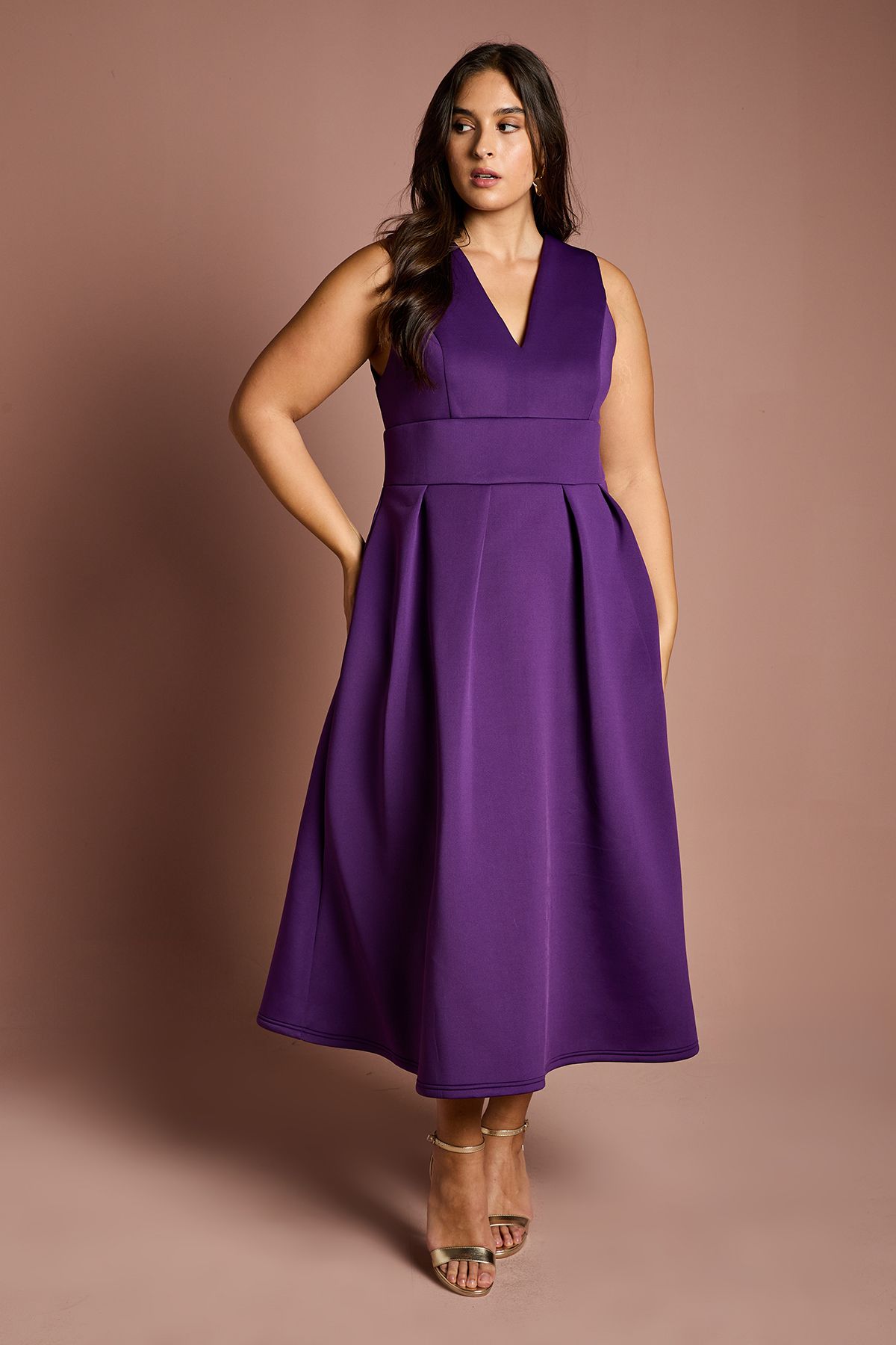 Coast Plus Plunge Neck Full Skirted Midi Dress In Scuba Purple image 1
