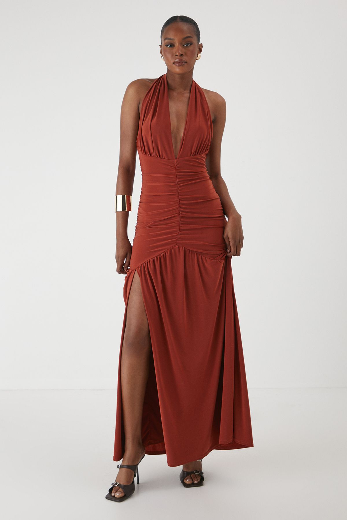 MissPap Halter Neck Plunge Ruched High Split Maxi Dress Rust image 1