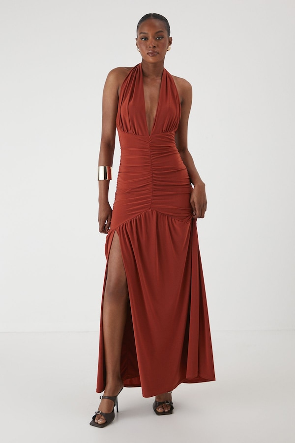 MissPap Halter Neck Plunge Ruched High Split Maxi Dress Rust