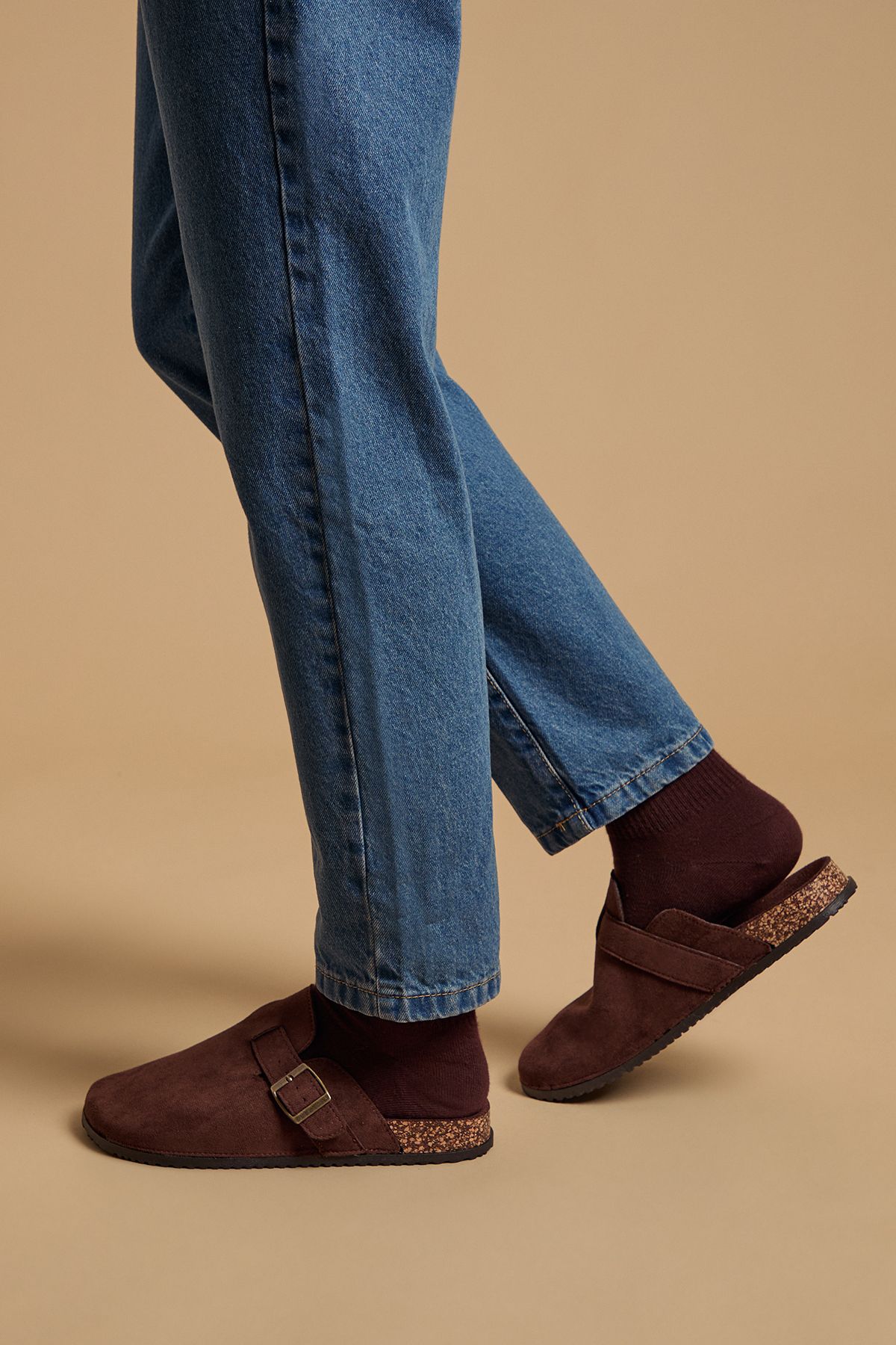 Oasis Jamie Faux Suede Closed Toe Footbed Flat Shoes Chocolate image 3