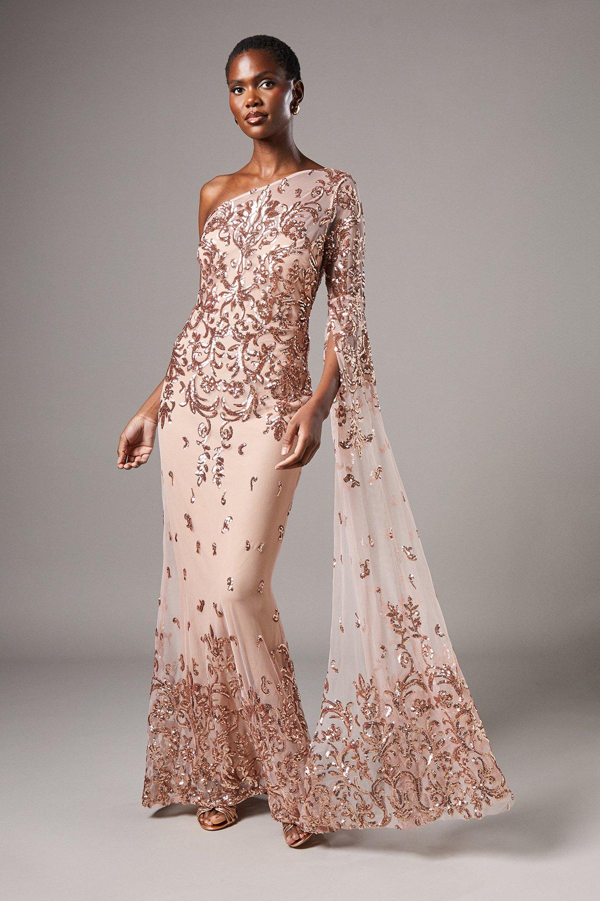 Sequin Maxi Dress With Cape Sleeves Blush Pink Sequin Evening Gown