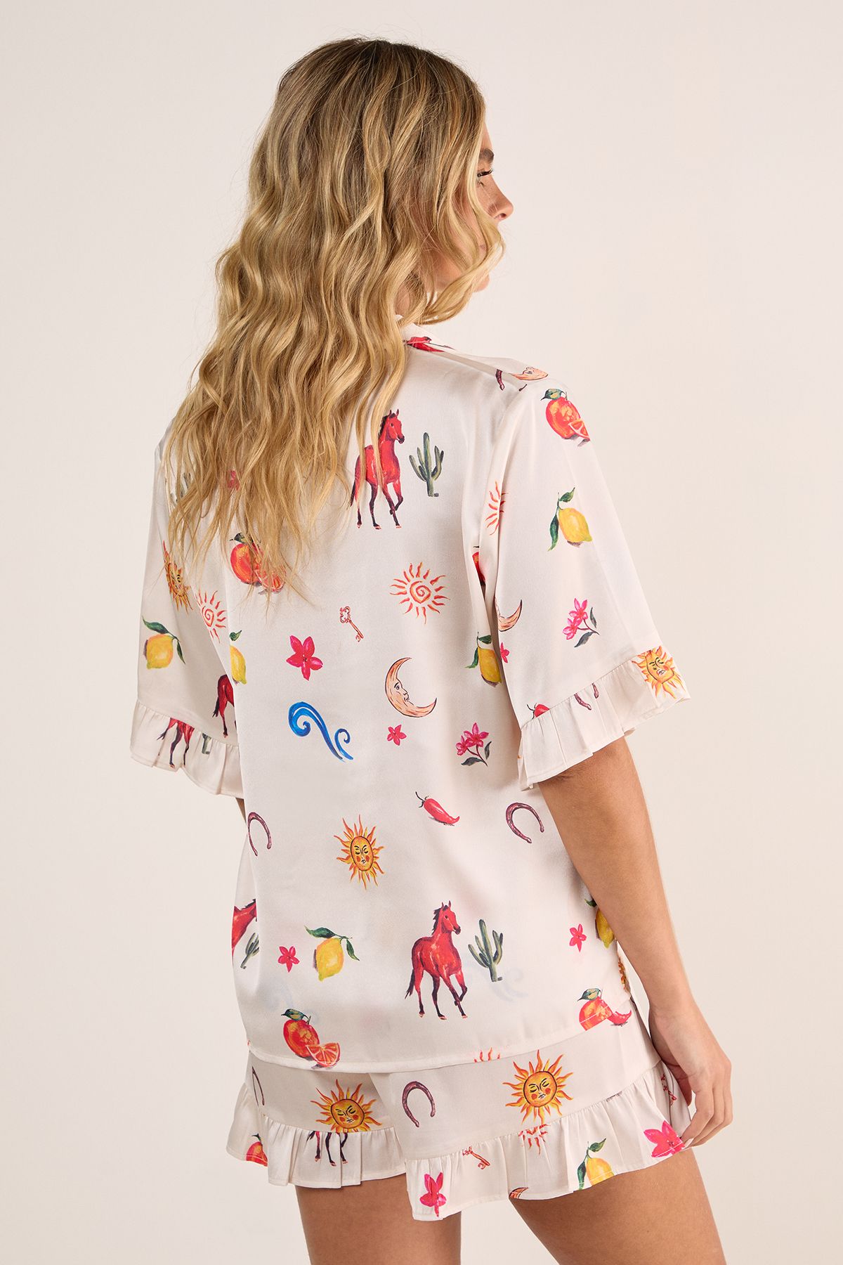 NastyGal Satin Western Conversational Ruffle Pajama Shorts Set Champagne image 4