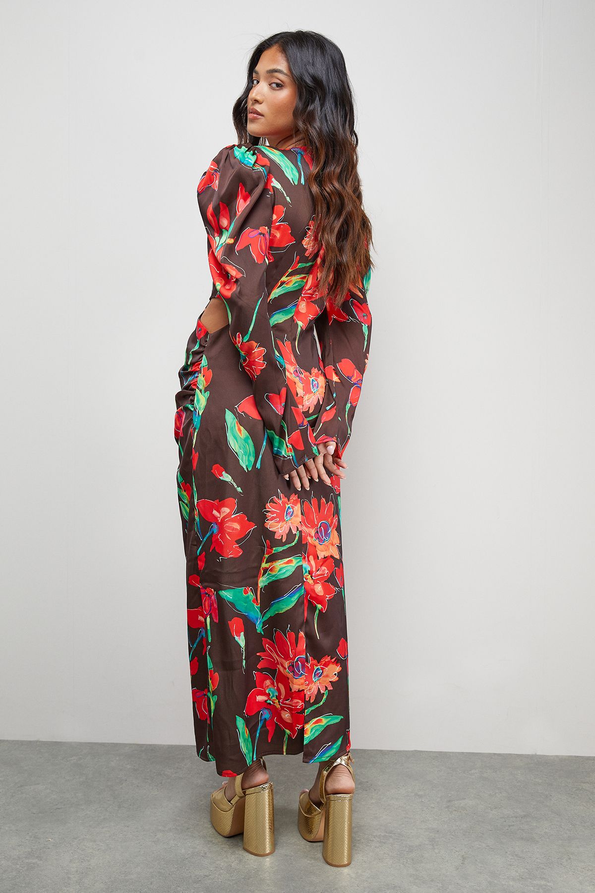 Warehouse Petite Satin Cut Out Waist Plunge Neck Midi Dress Chocolate image 3